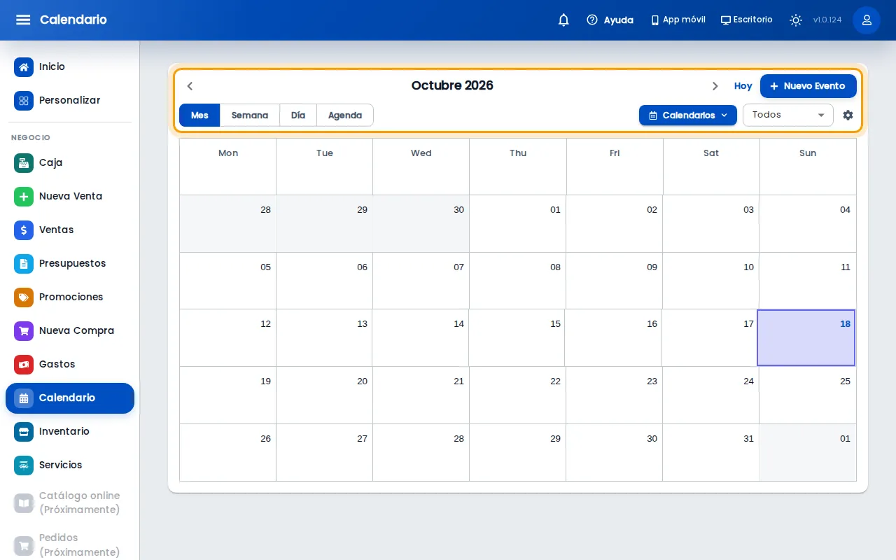 Barra del calendario con el botón Nuevo Evento