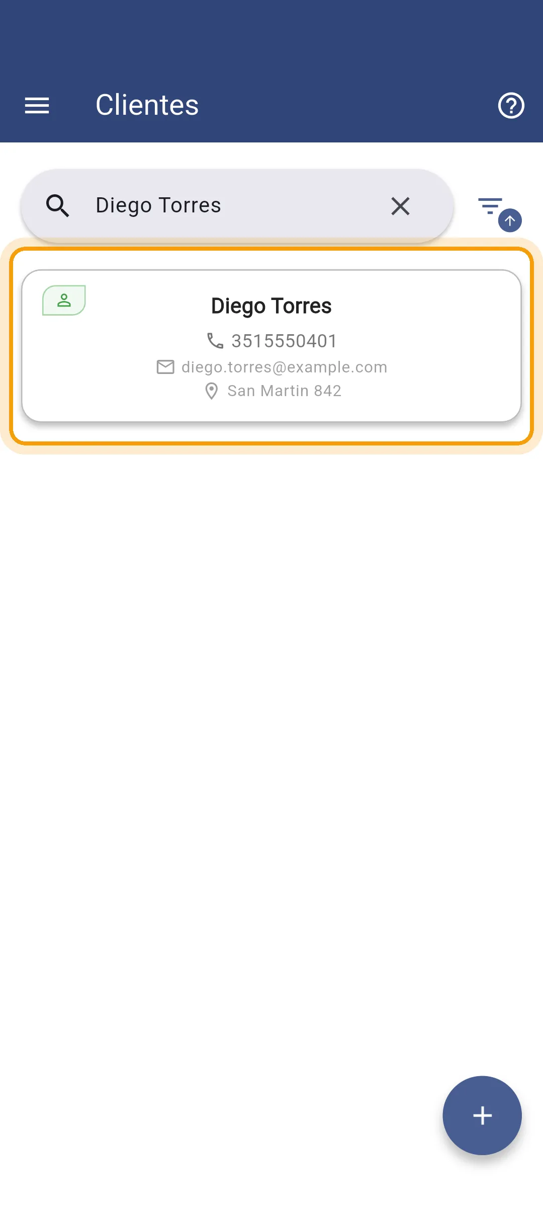 Cliente recién creado en la lista de la app