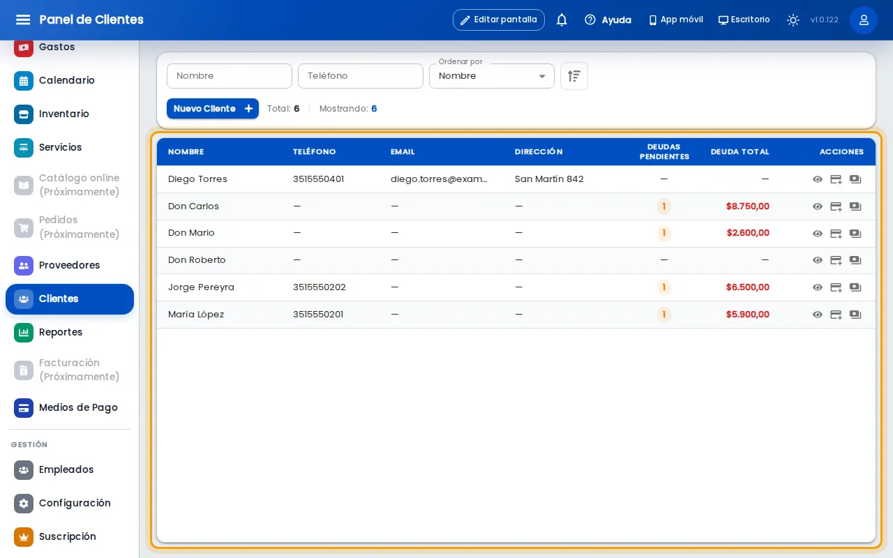 Cliente recién creado en la lista