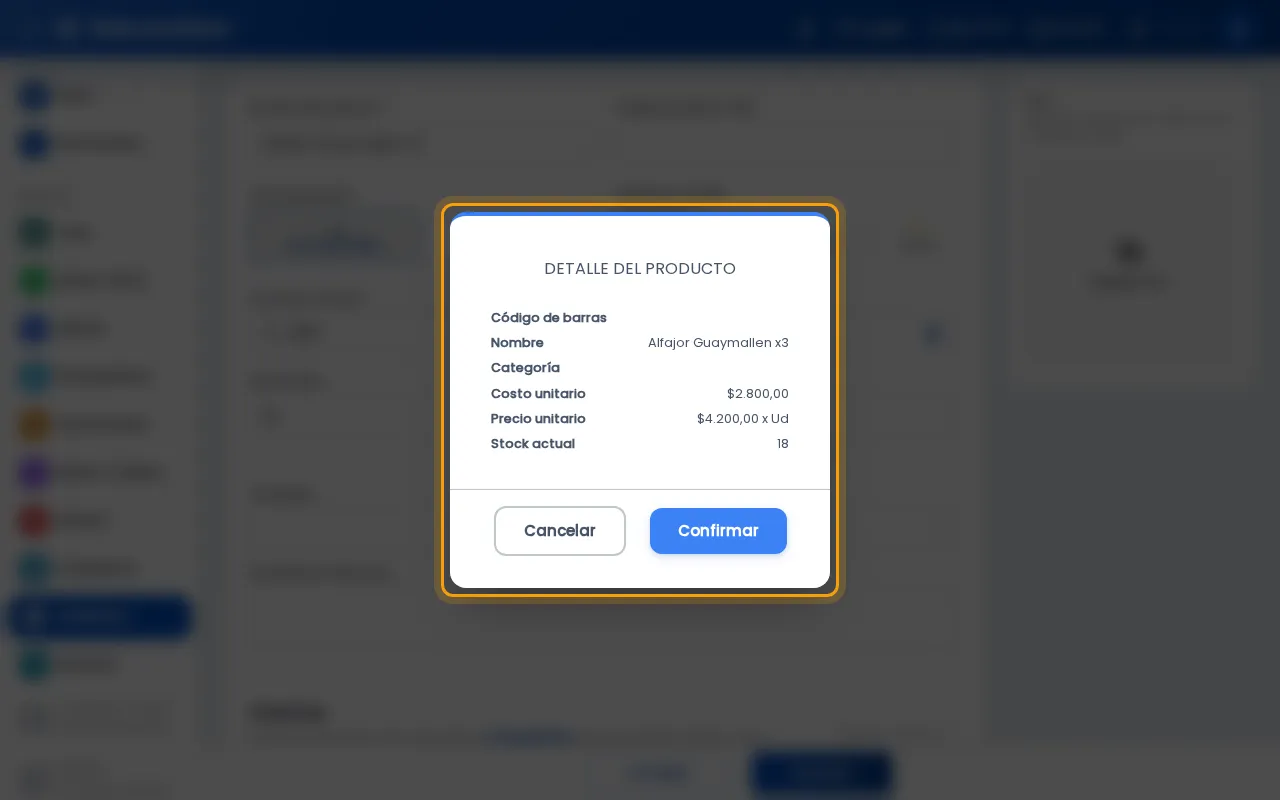 Confirmación del producto antes de guardar