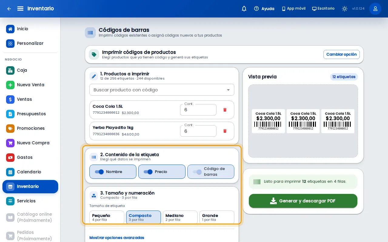 Opciones de contenido y tamaño de la etiqueta