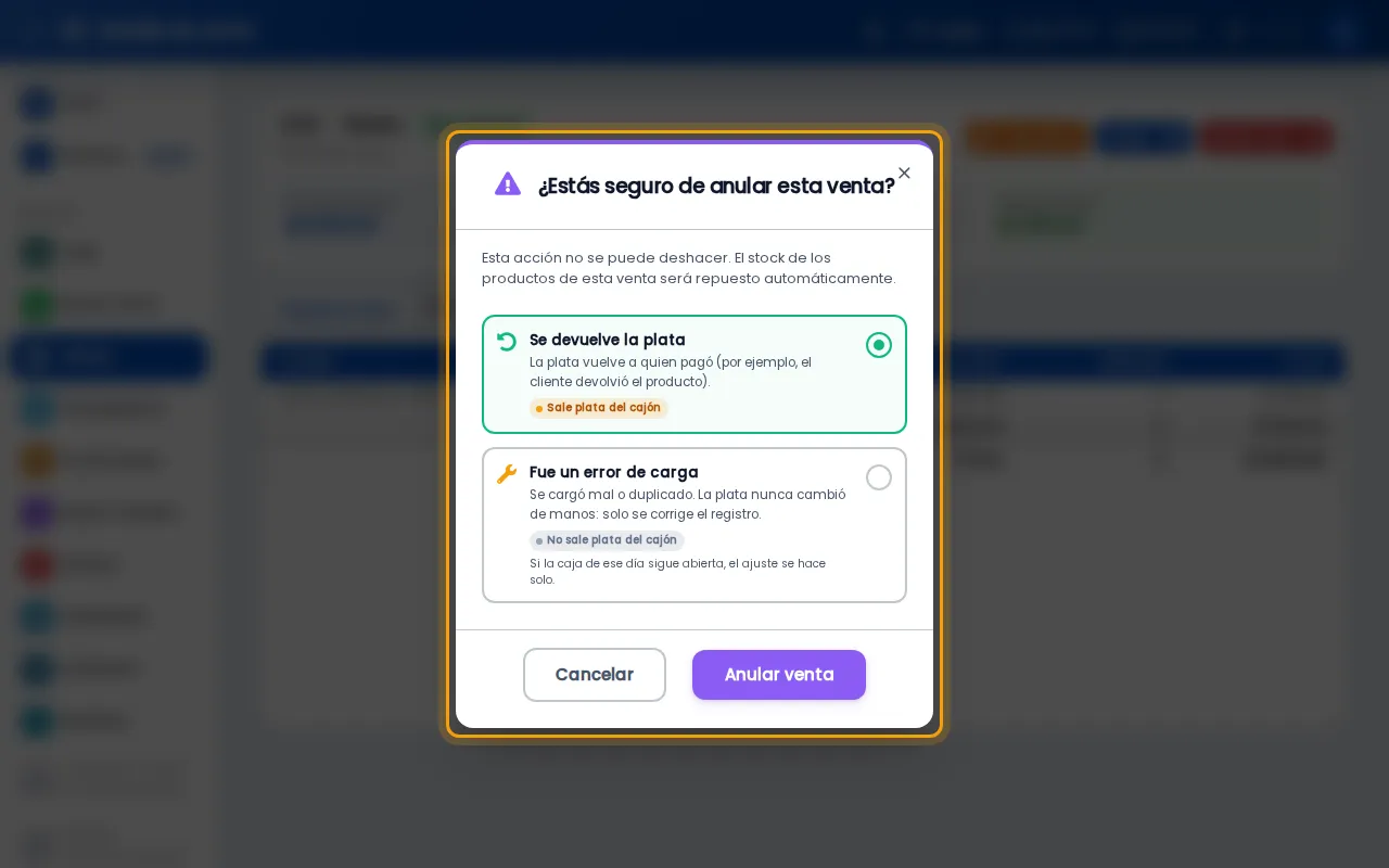 Elegir si se devuelve la plata o fue un error de carga