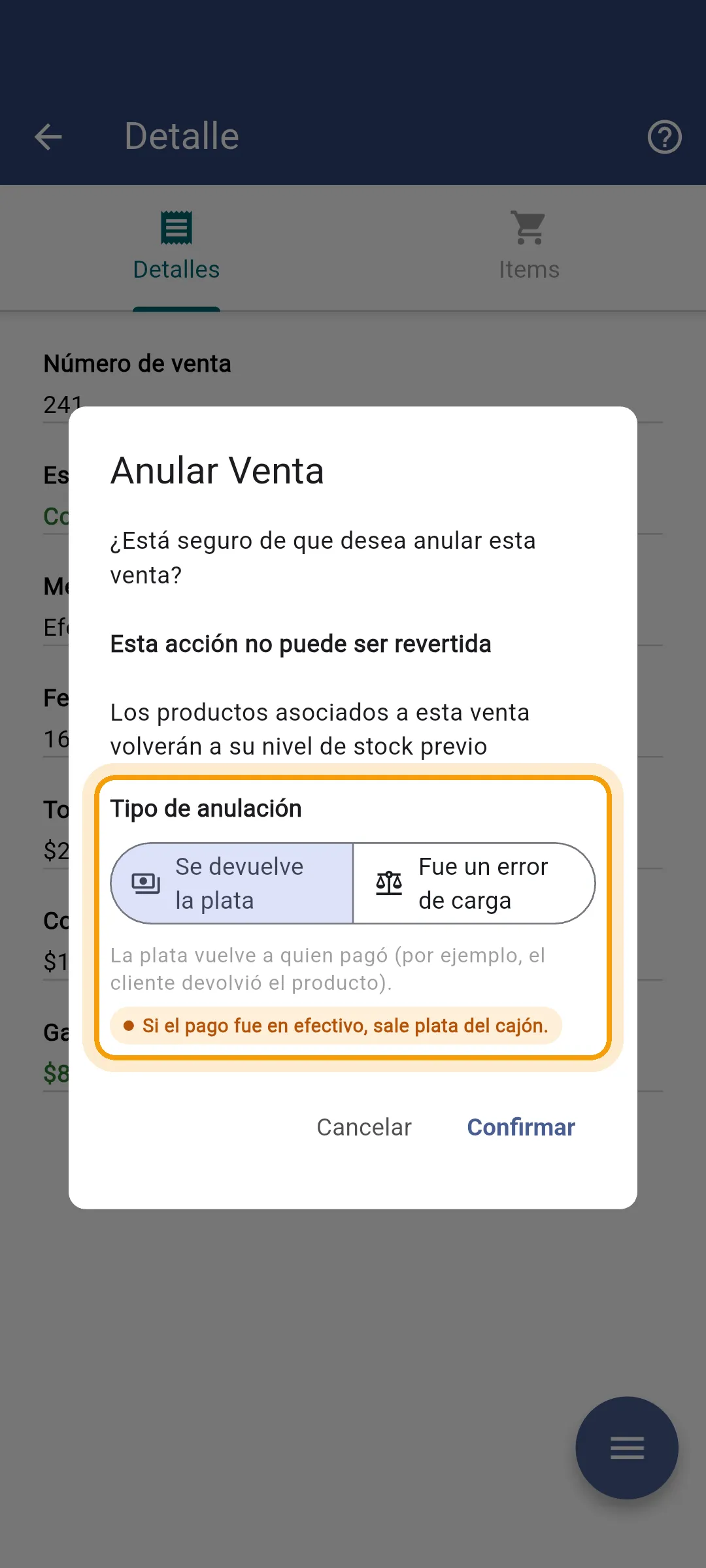 Elegir el motivo de la anulación en la app