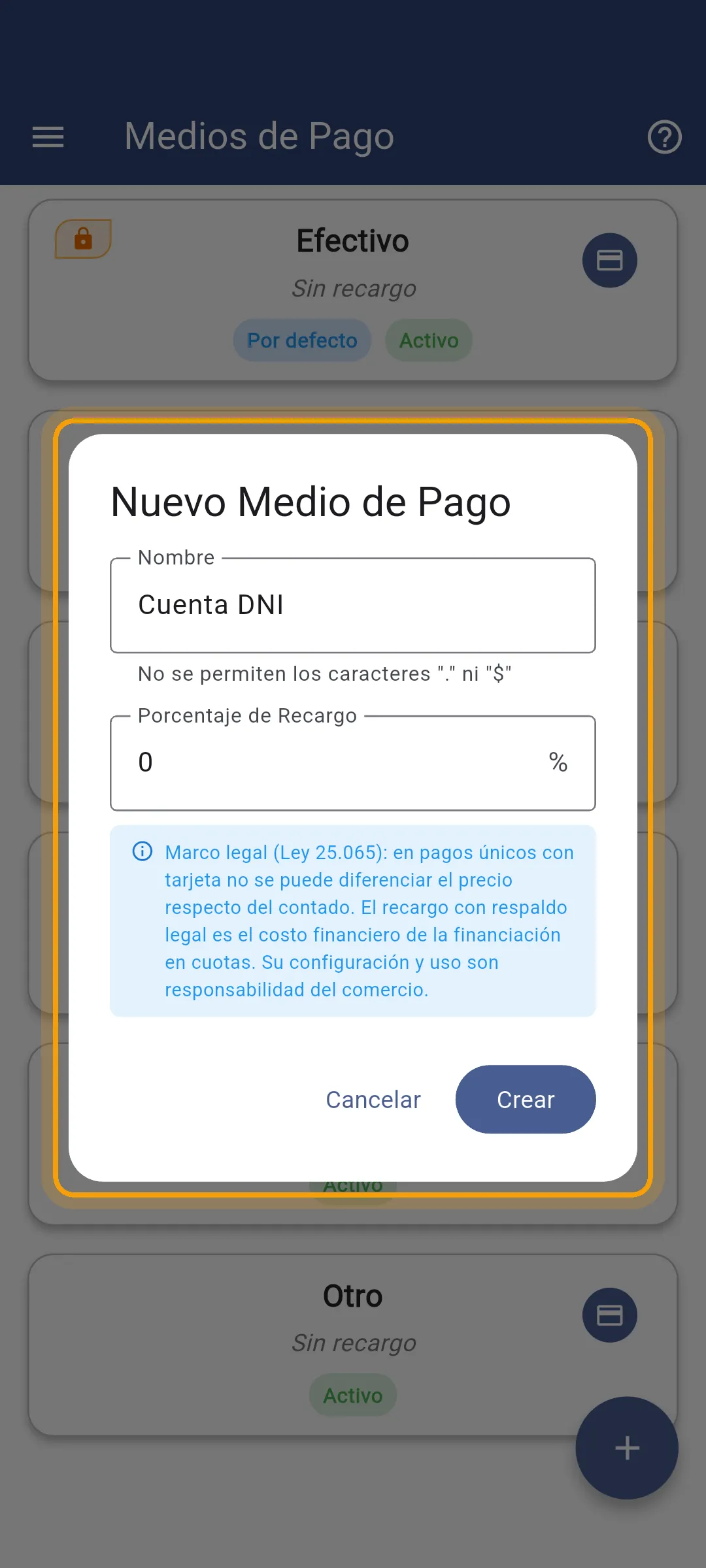 Formulario con el nombre y el recargo completos en la app