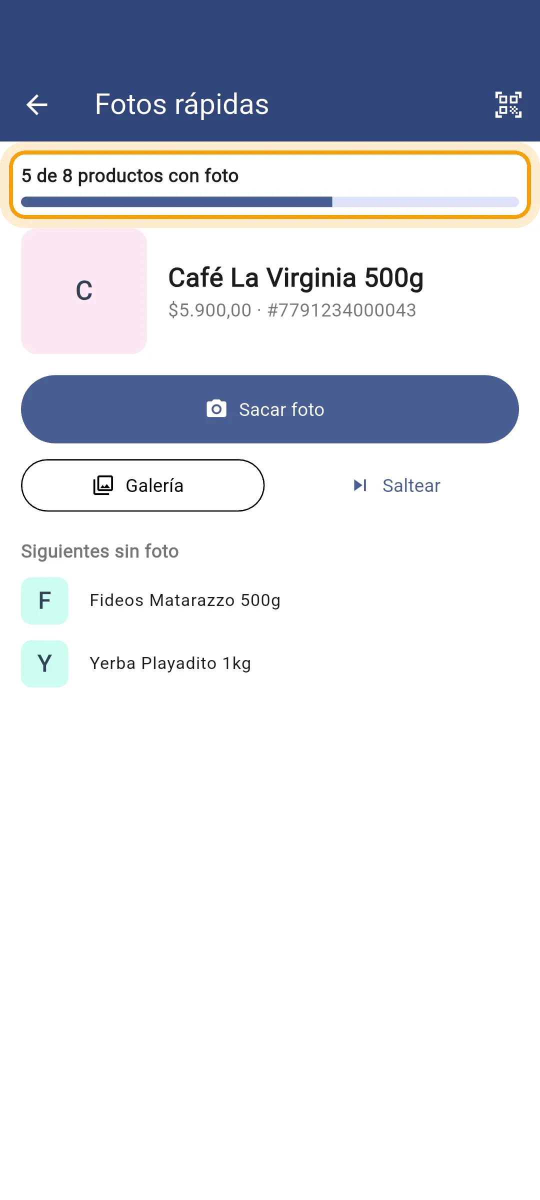 Contador en 5 de 8 productos con foto y el siguiente producto