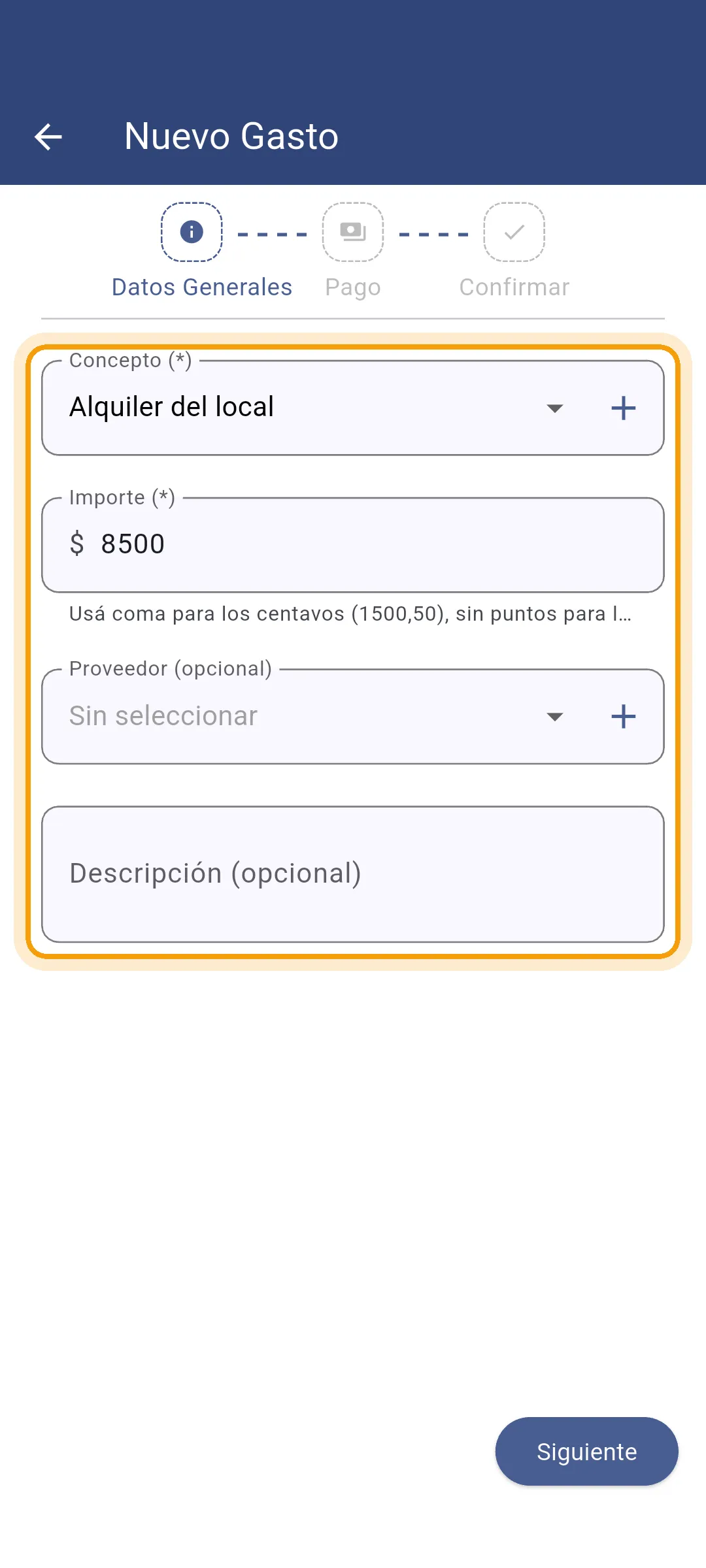 Importe del gasto en la app