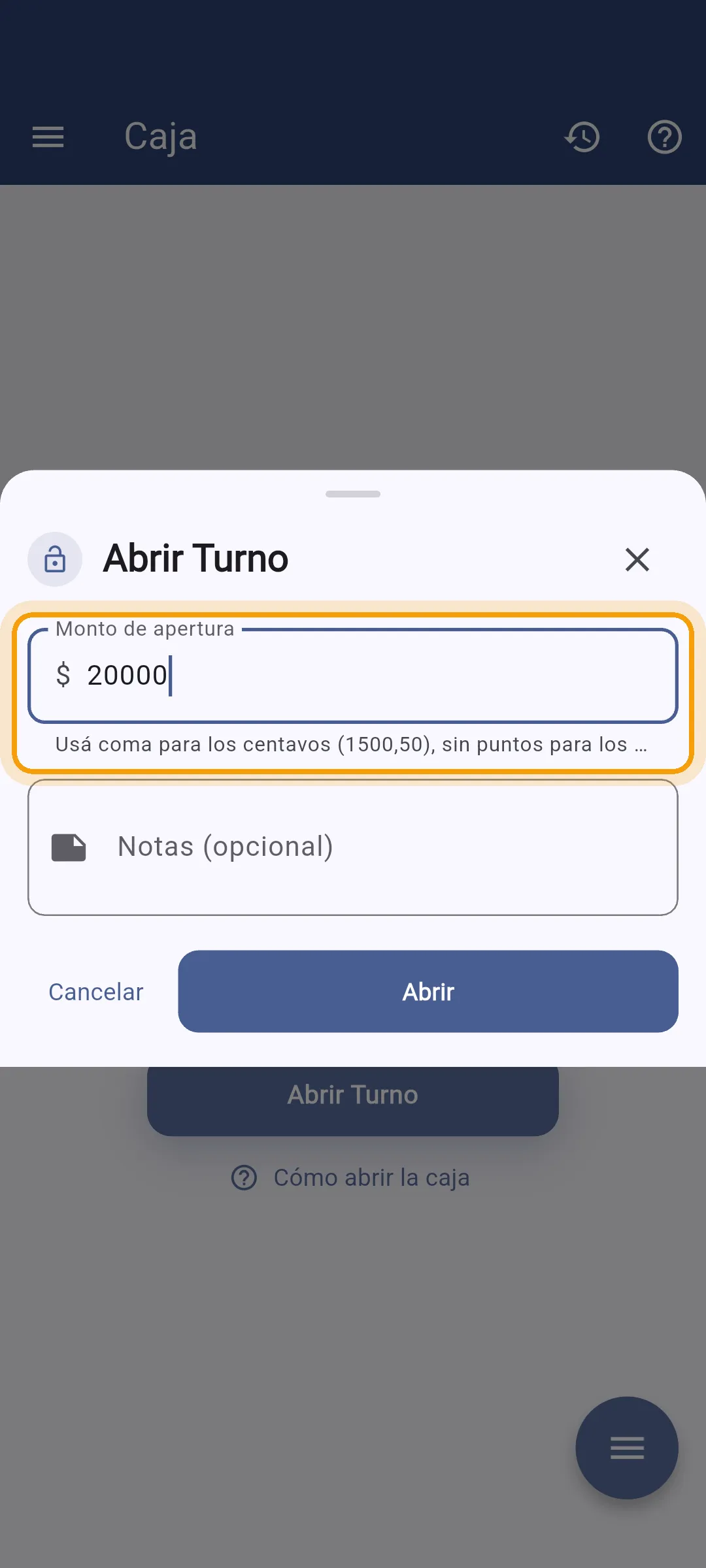 Monto de apertura cargado en la app