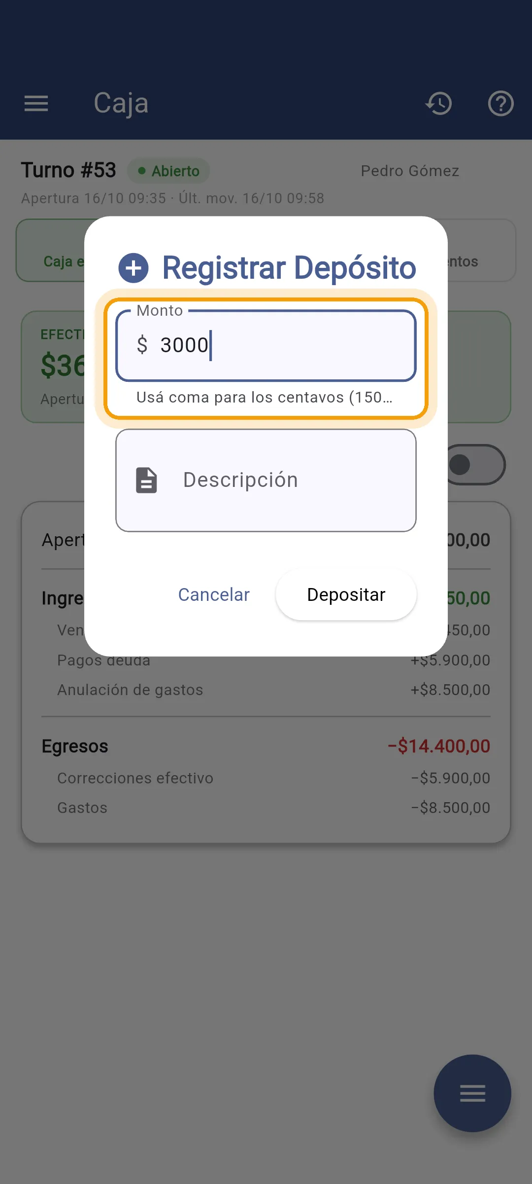 Monto cargado en el diálogo de movimiento en el celular