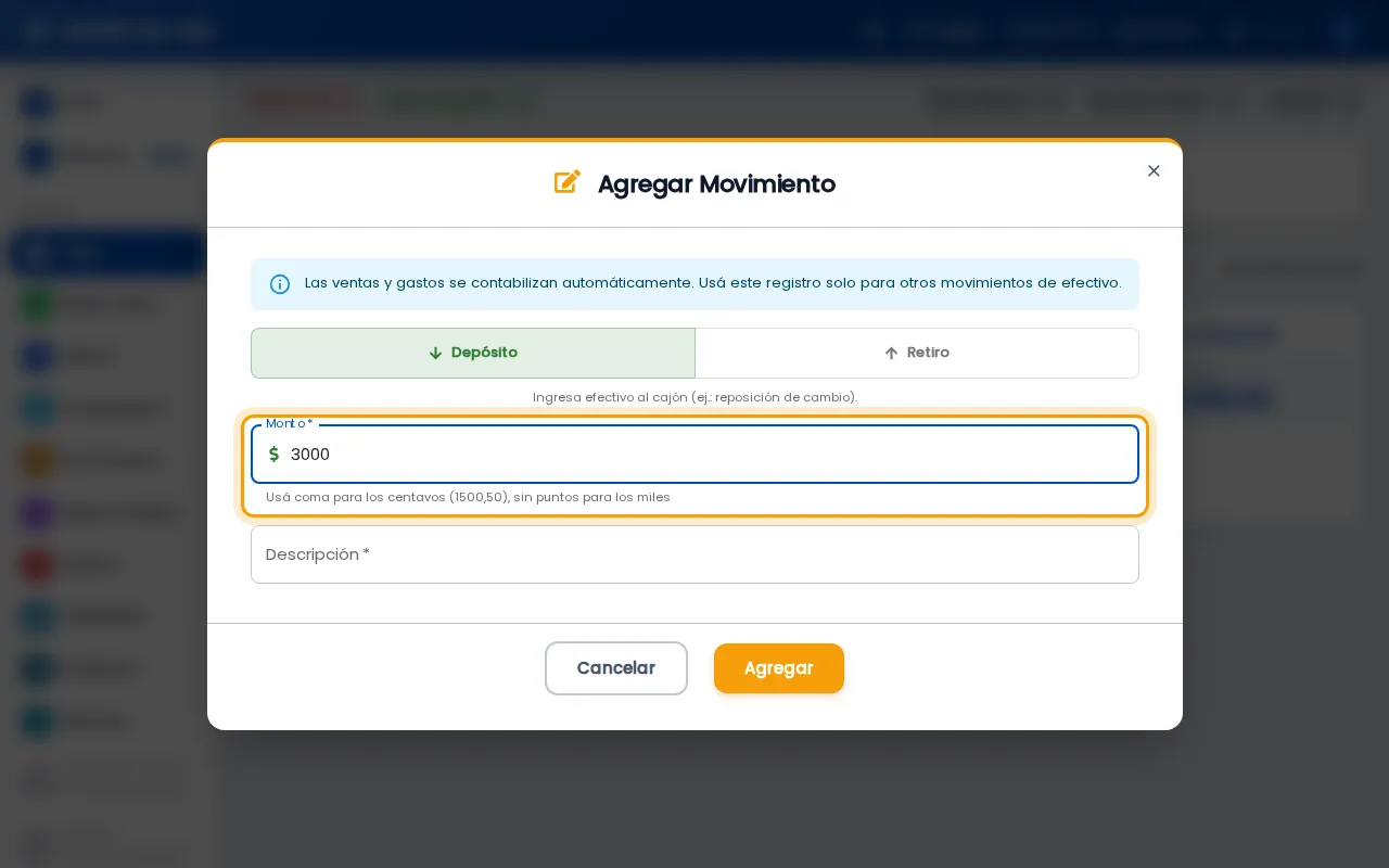 Monto cargado en el diálogo de movimiento en la web