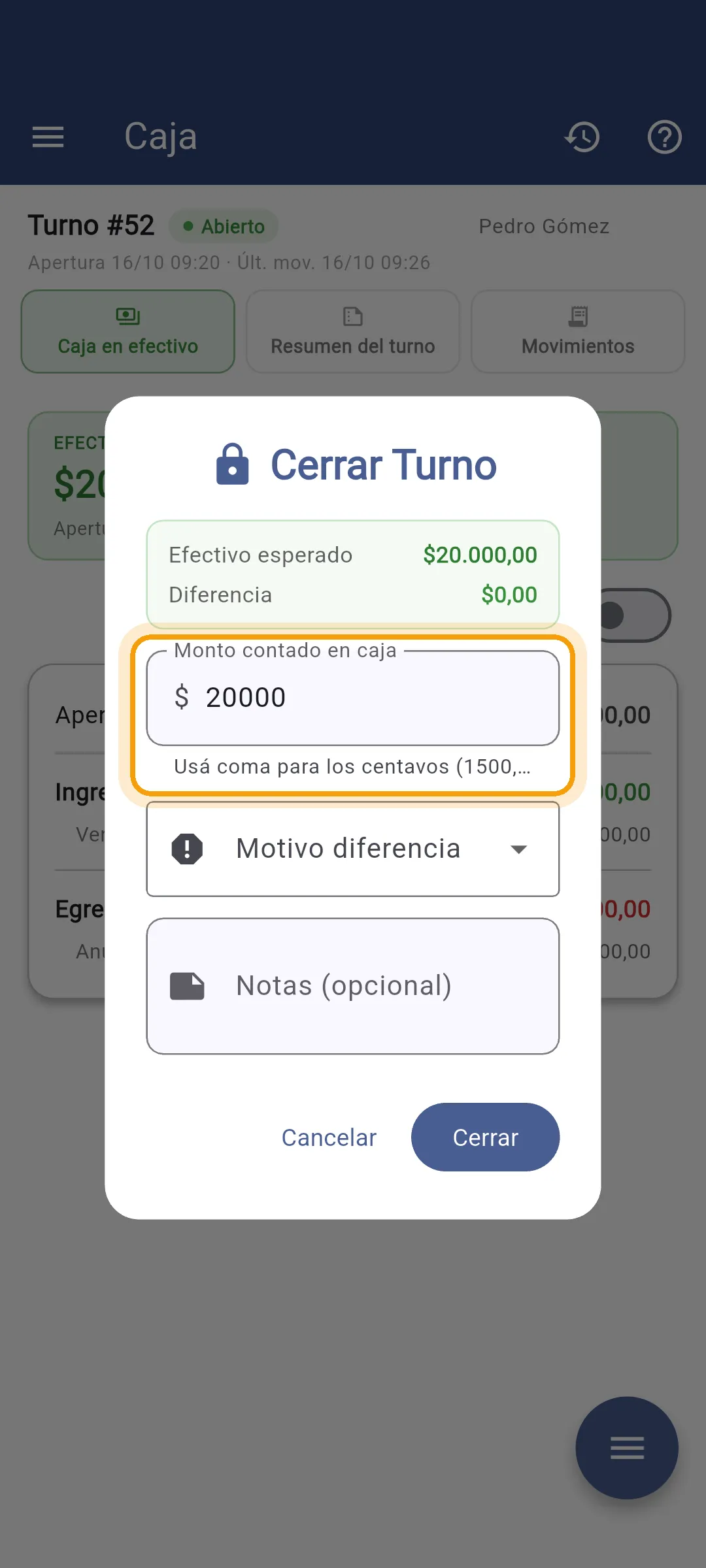 Monto contado cargado en el celular, con diferencia en cero