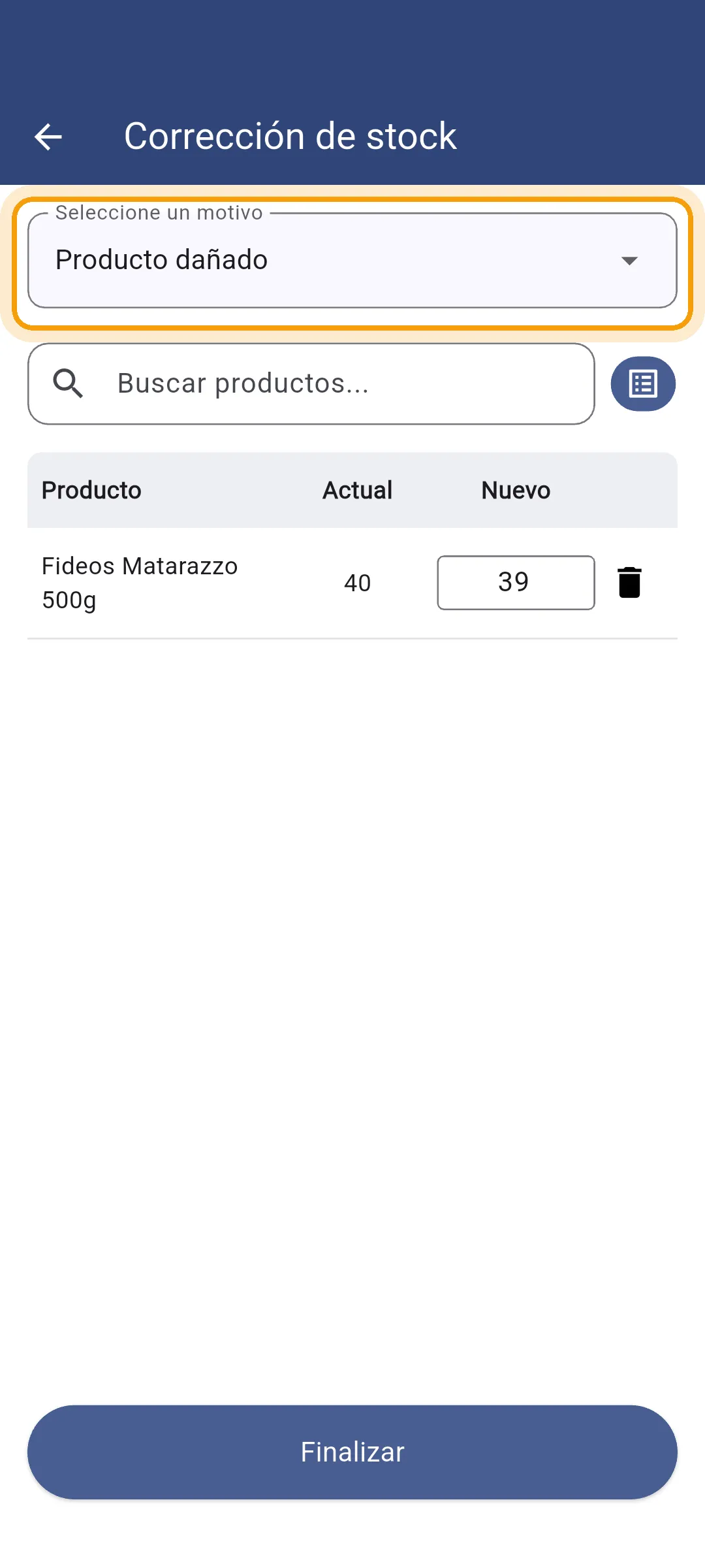 Motivo de la corrección elegido en la app