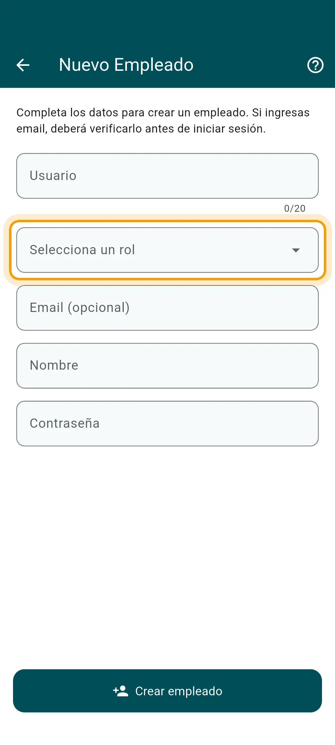 Selección de rol al crear un empleado