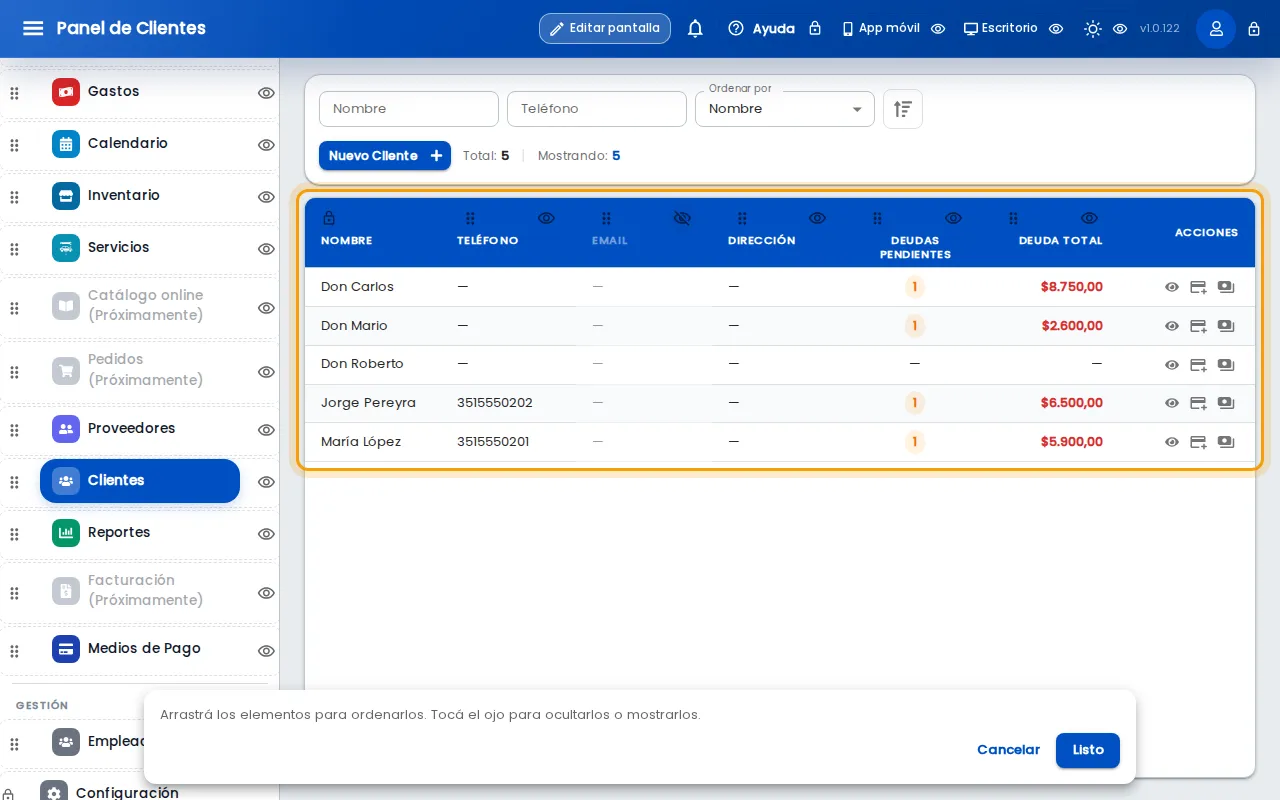 Columna Email oculta en modo edición