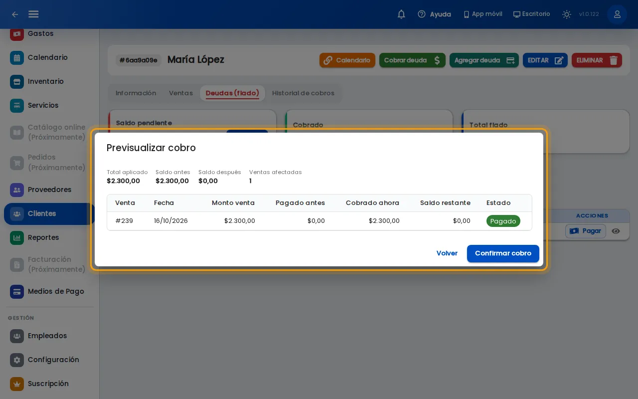 Previsualización del cobro con las ventas afectadas