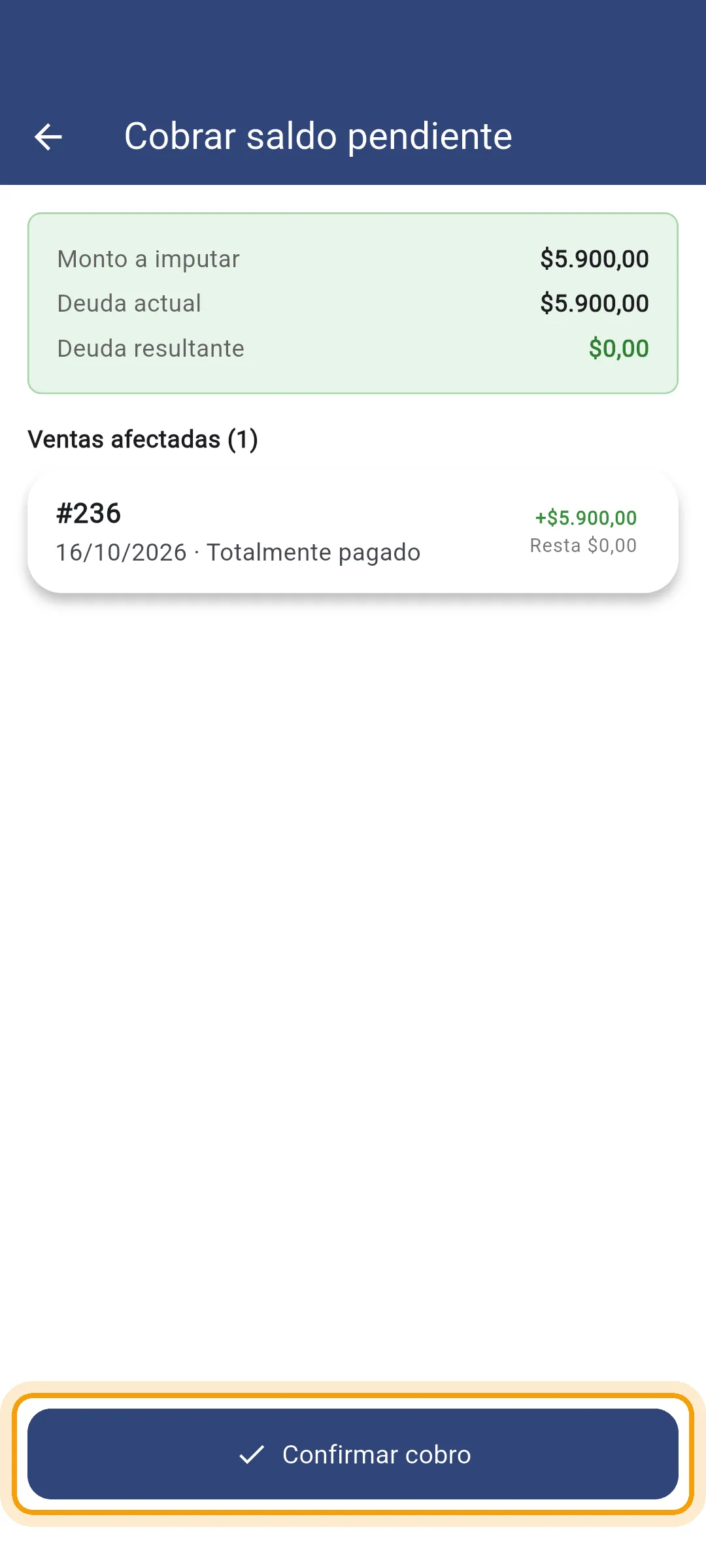Previsualización del cobro con las ventas afectadas