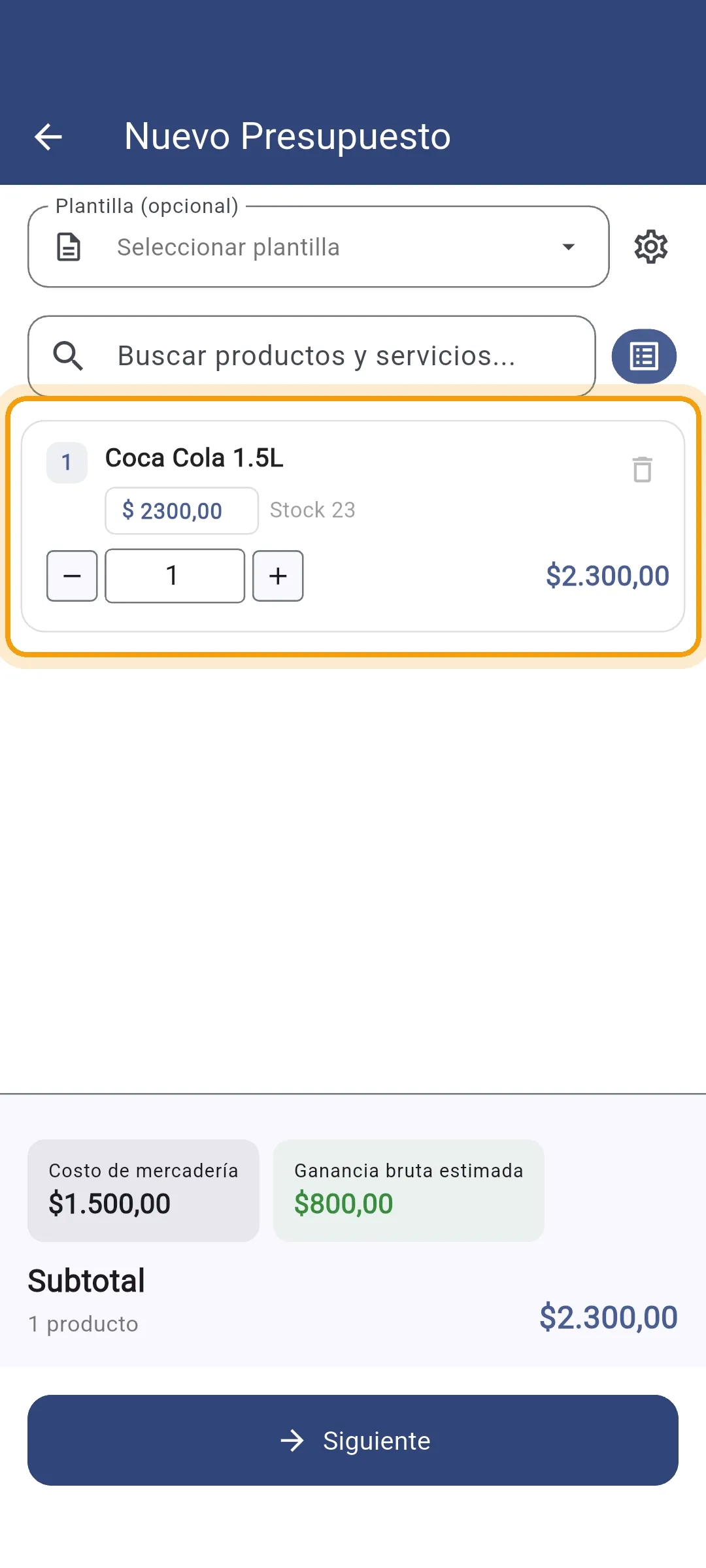 Producto agregado al presupuesto en la app