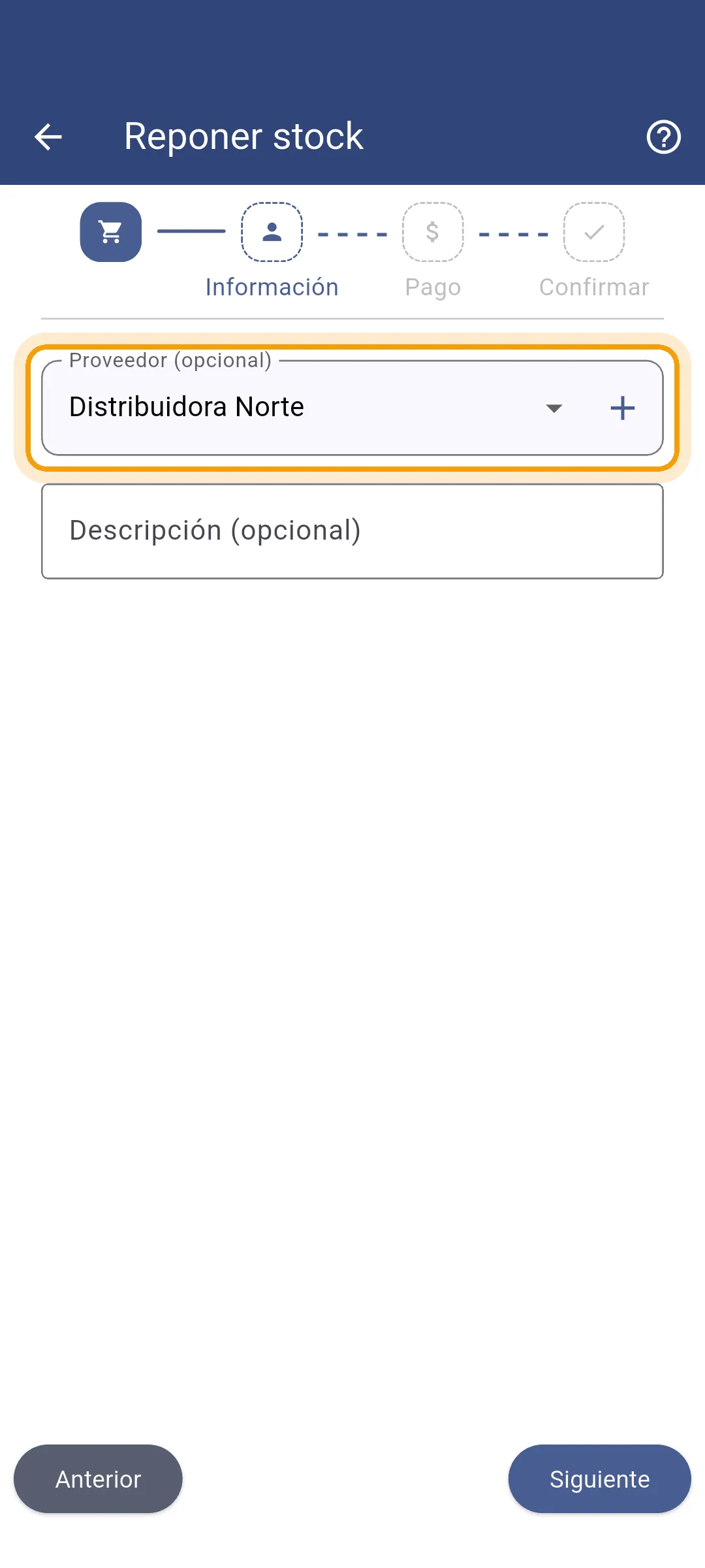 Selección del proveedor de la reposición