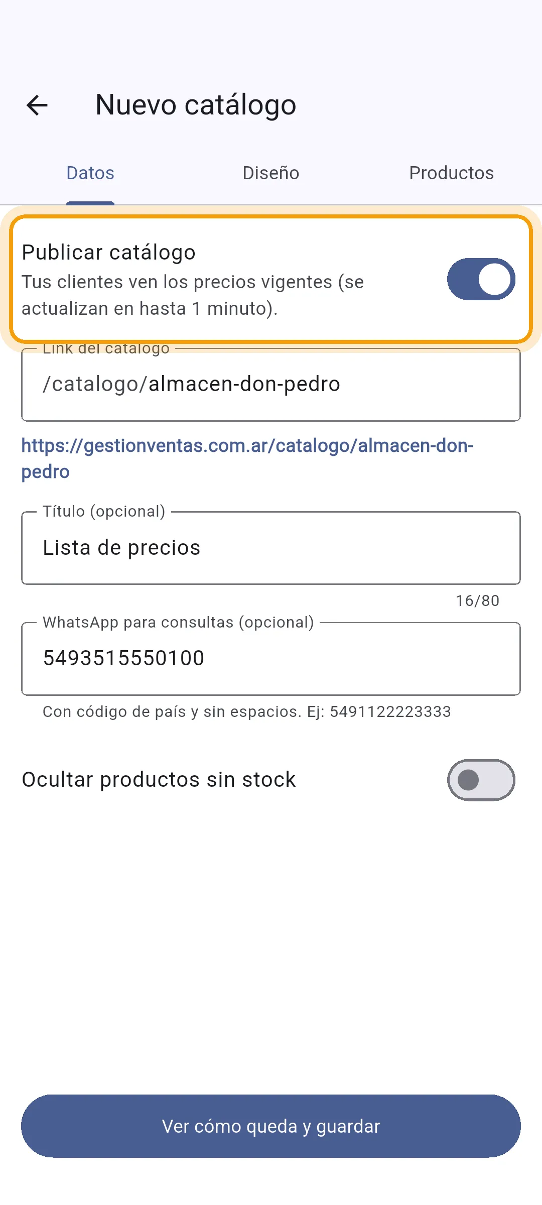 Publicar catálogo activado y el link del catálogo