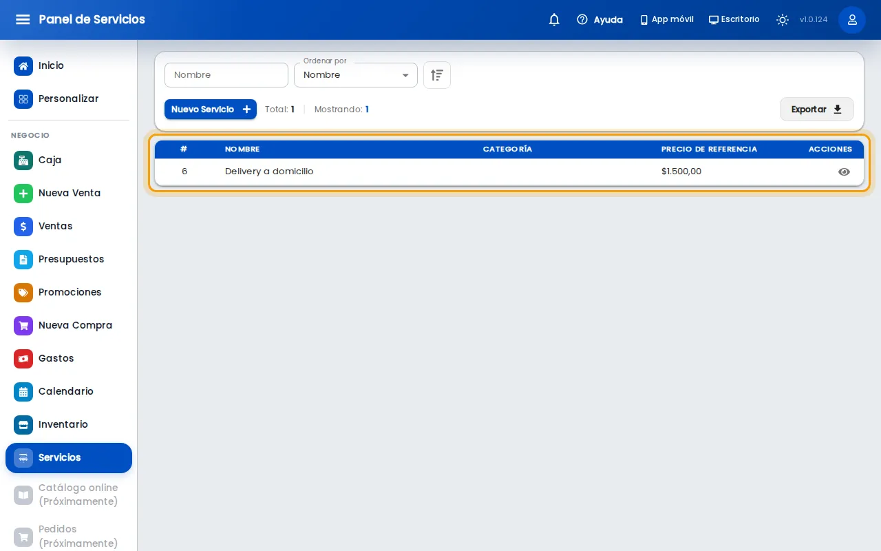 Lista de servicios con el servicio nuevo