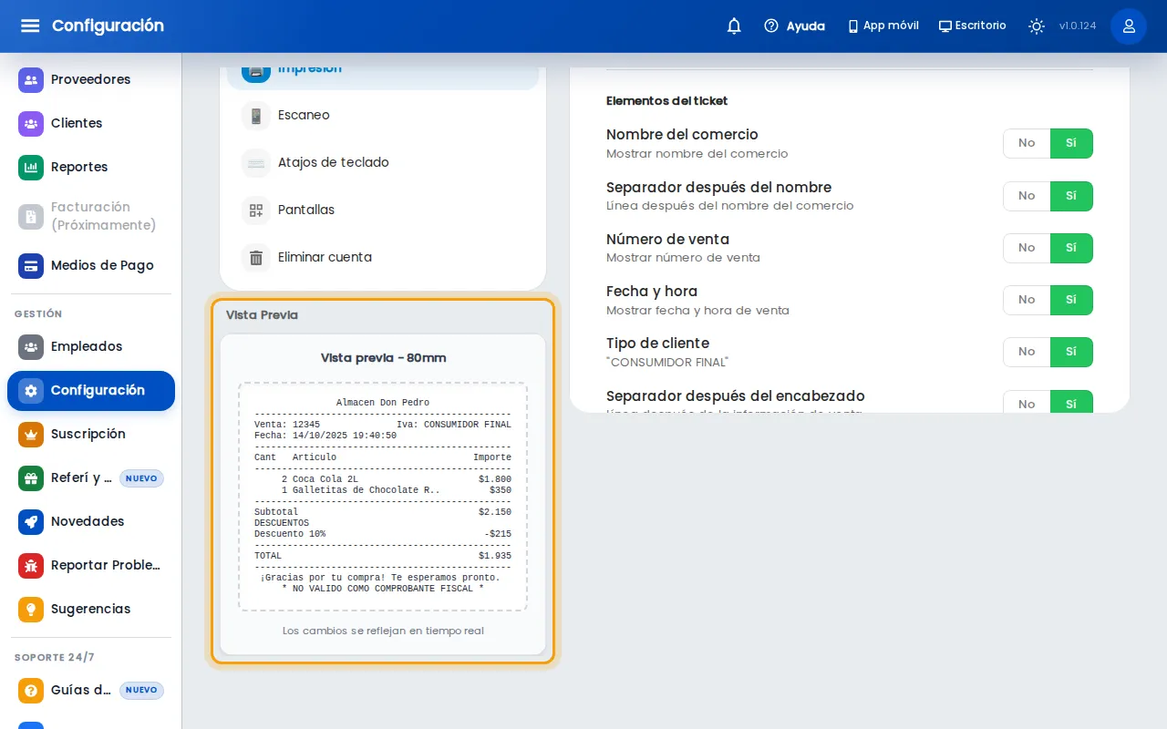 Vista previa del ticket con el mensaje del pie