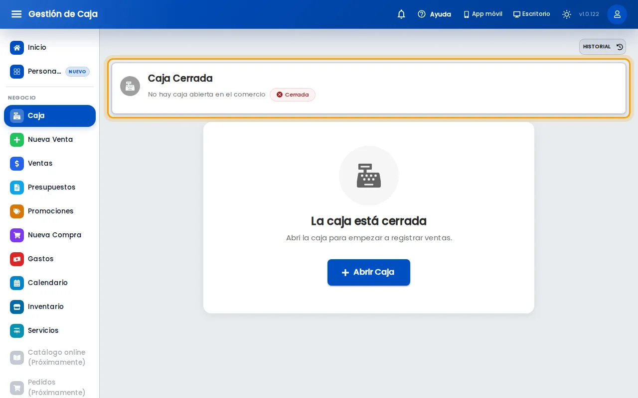 Pantalla de caja cerrada en la web