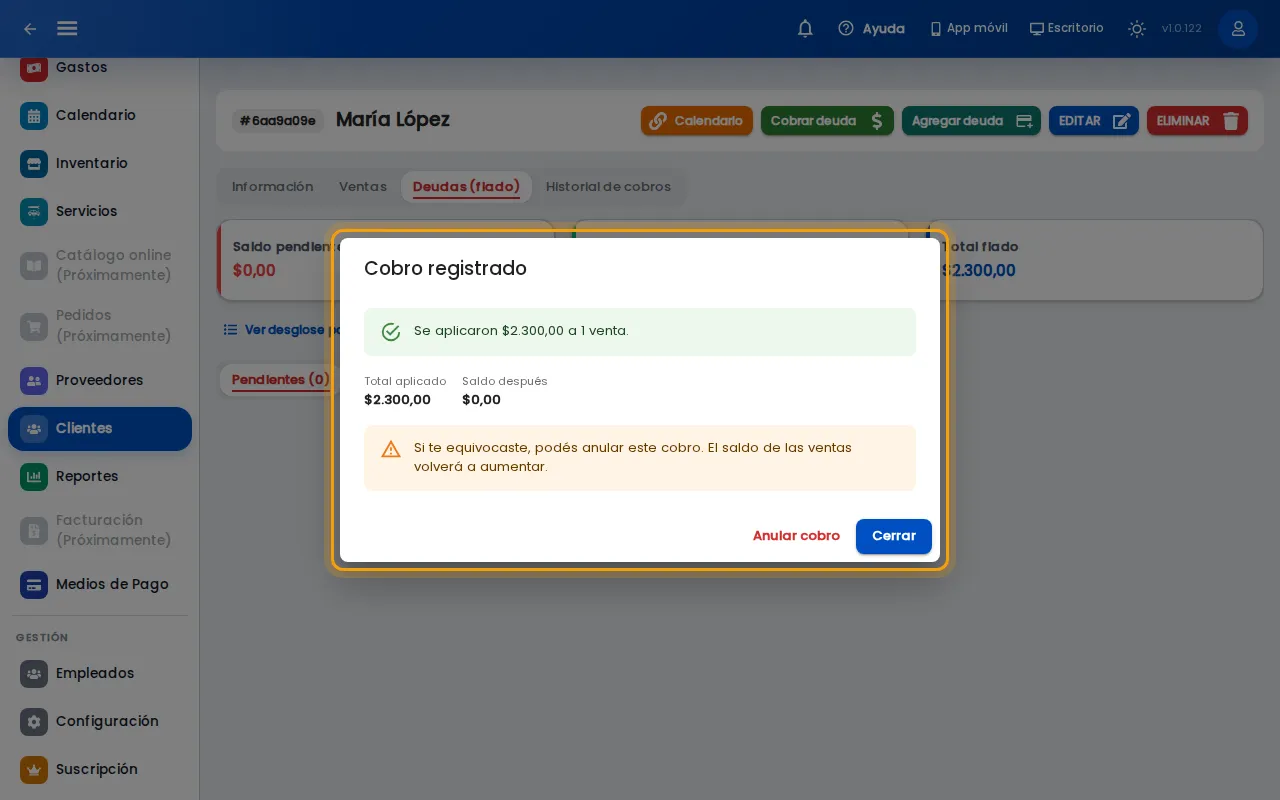 Cobro registrado con el saldo actualizado