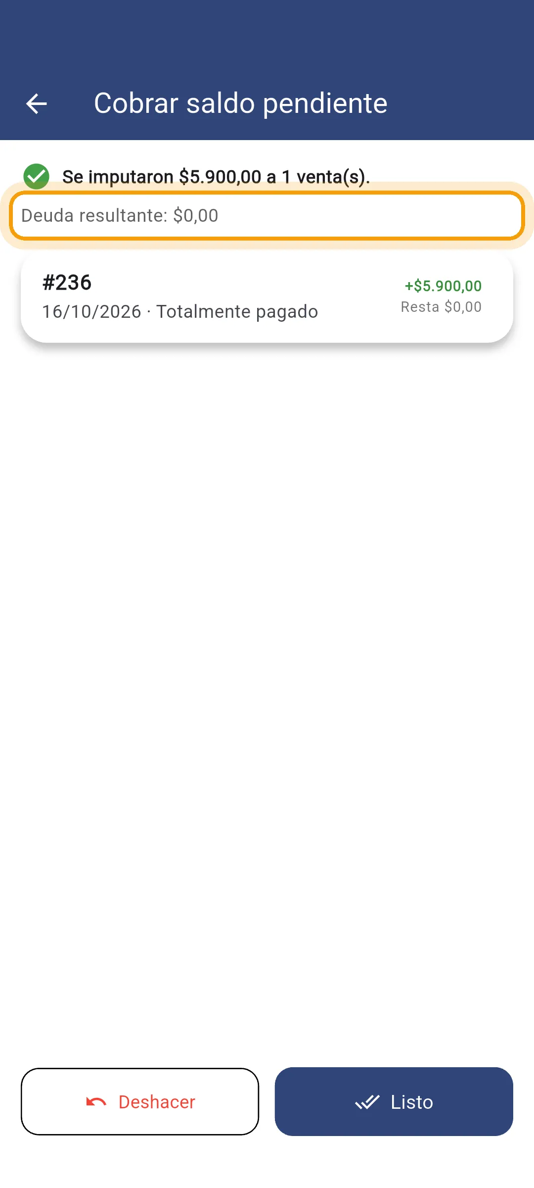 Cobro registrado con el saldo actualizado
