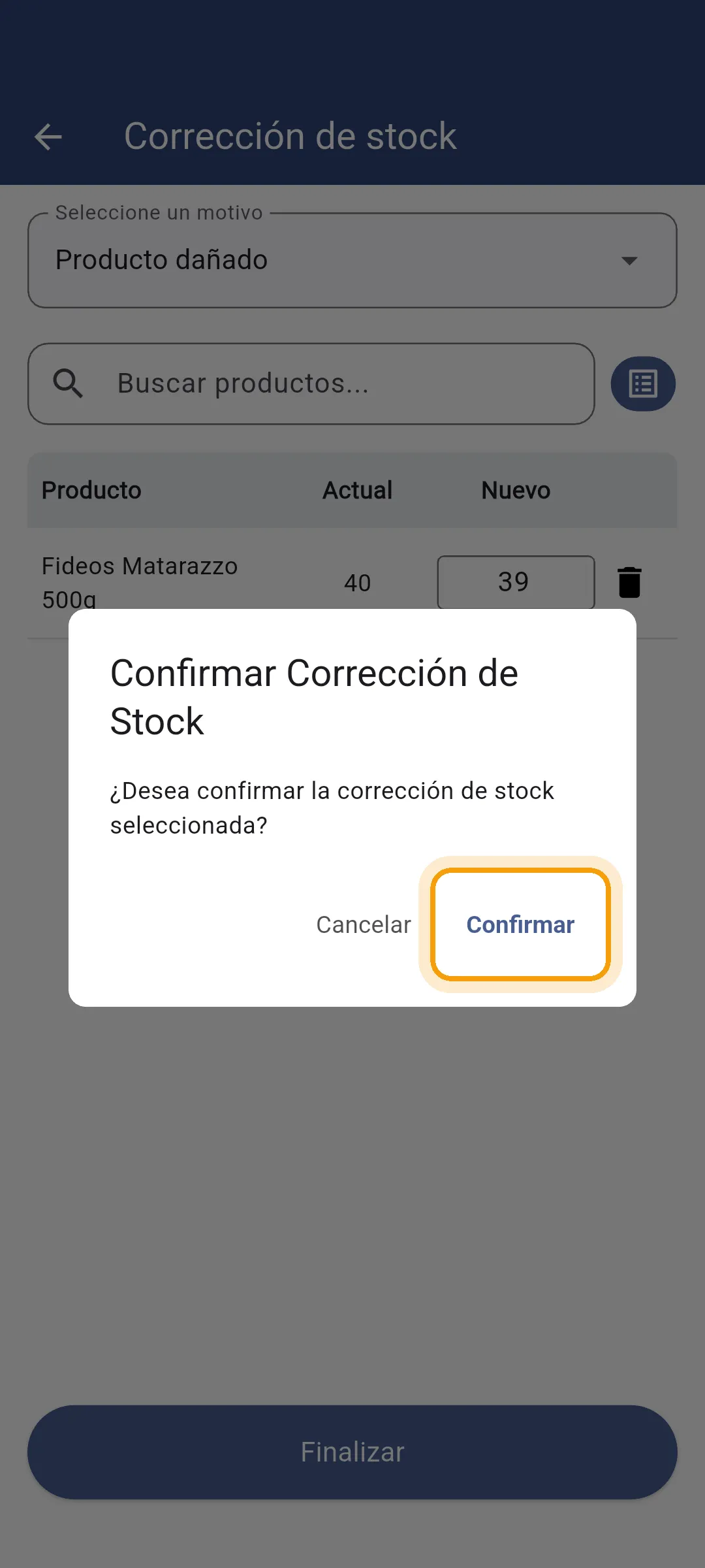 Confirmación de la corrección de stock