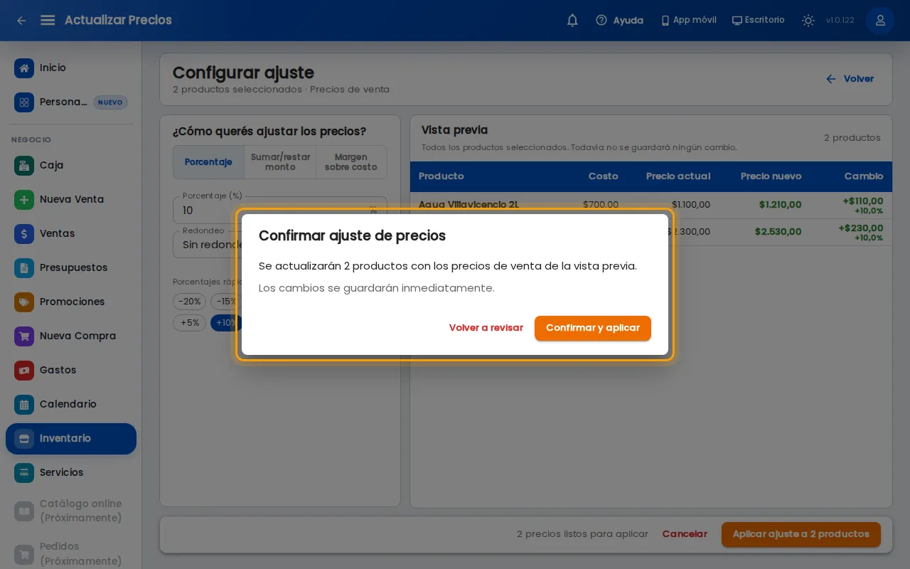 Confirmación del ajuste de precios