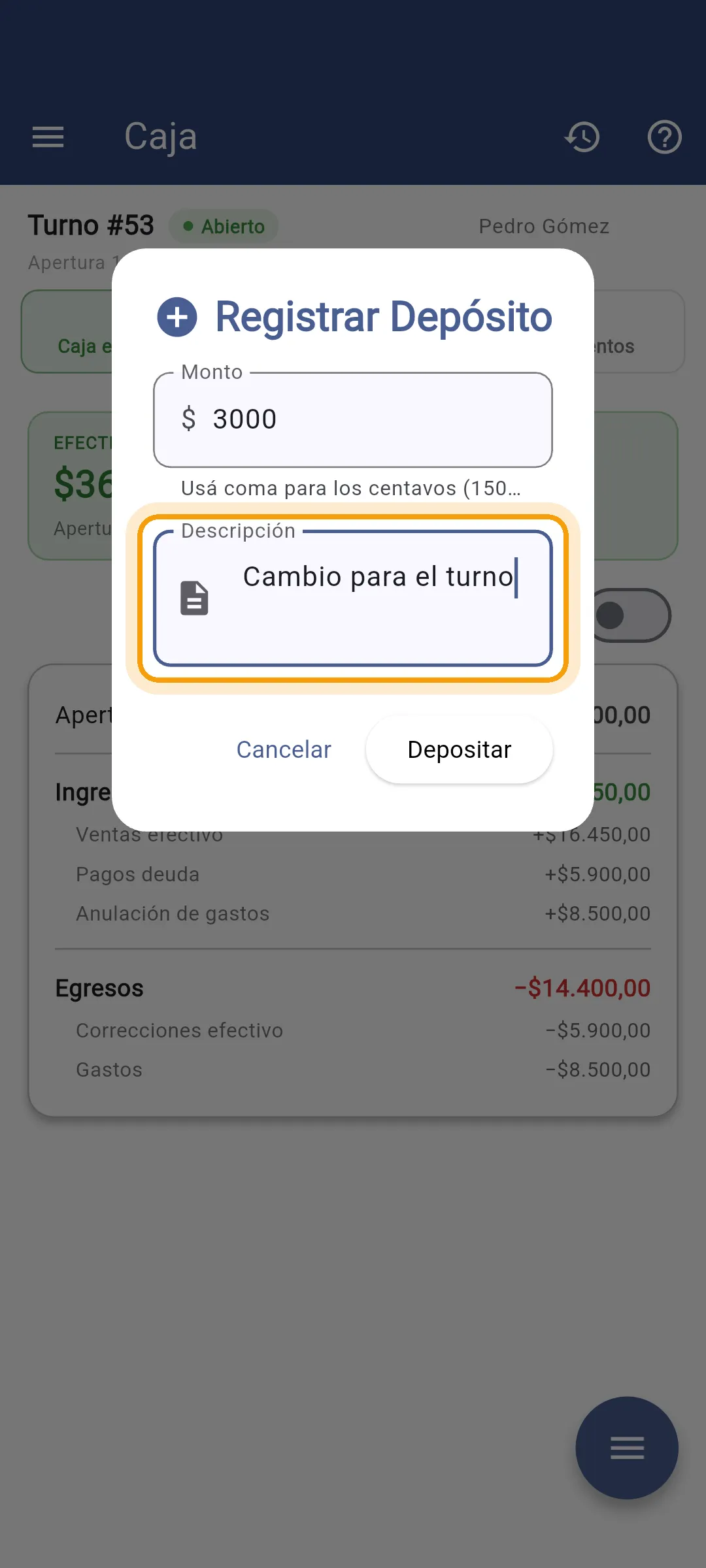 Descripción cargada en el diálogo de movimiento en el celular