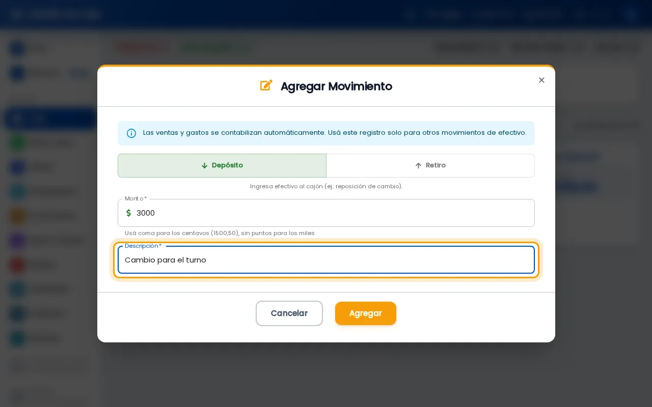 Descripción cargada en el diálogo de movimiento en la web