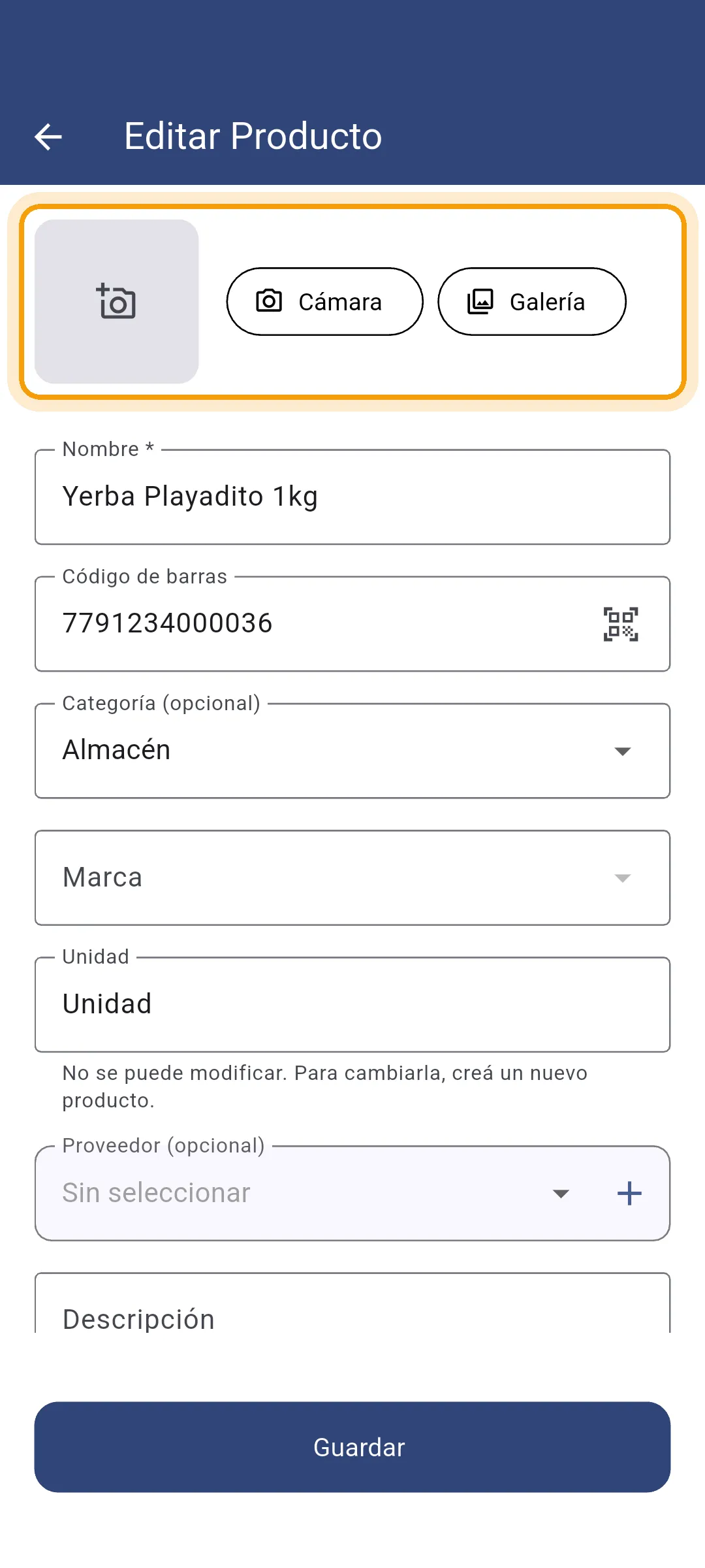 Recuadro de la foto en Editar Producto