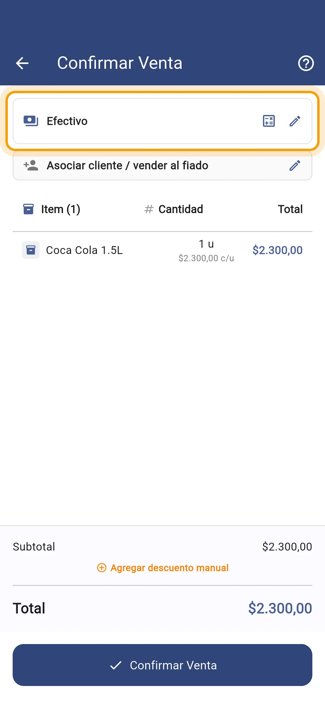 Selección del medio de pago en la app