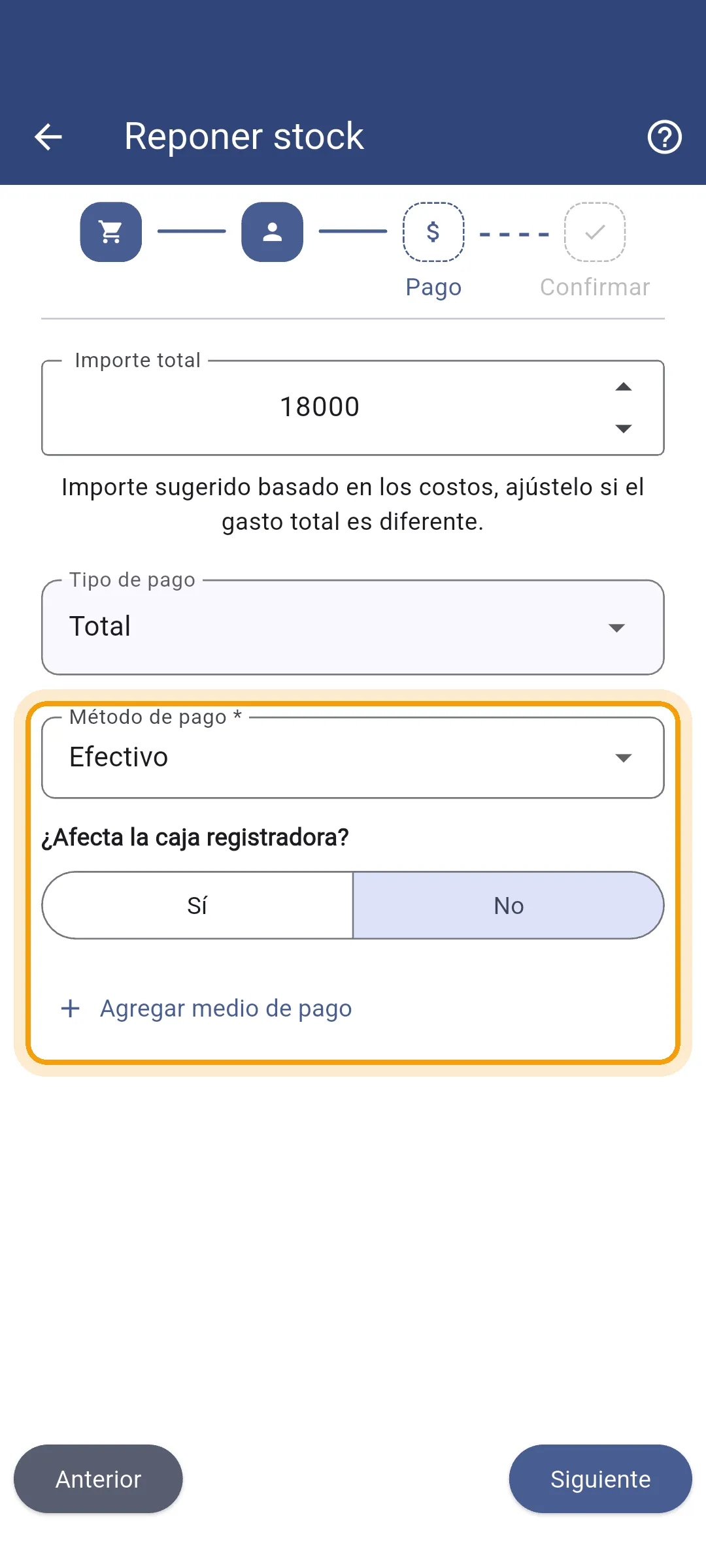 Método de pago de la reposición