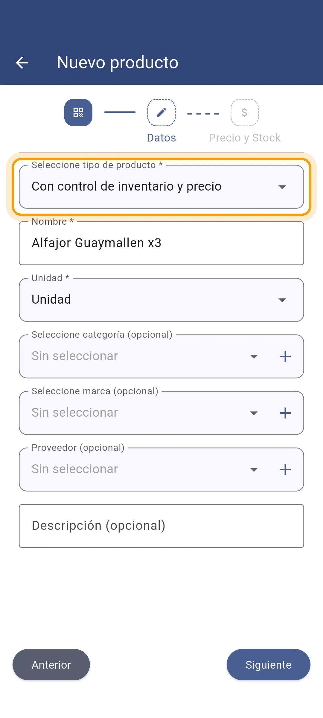 Paso de datos con el nombre del producto