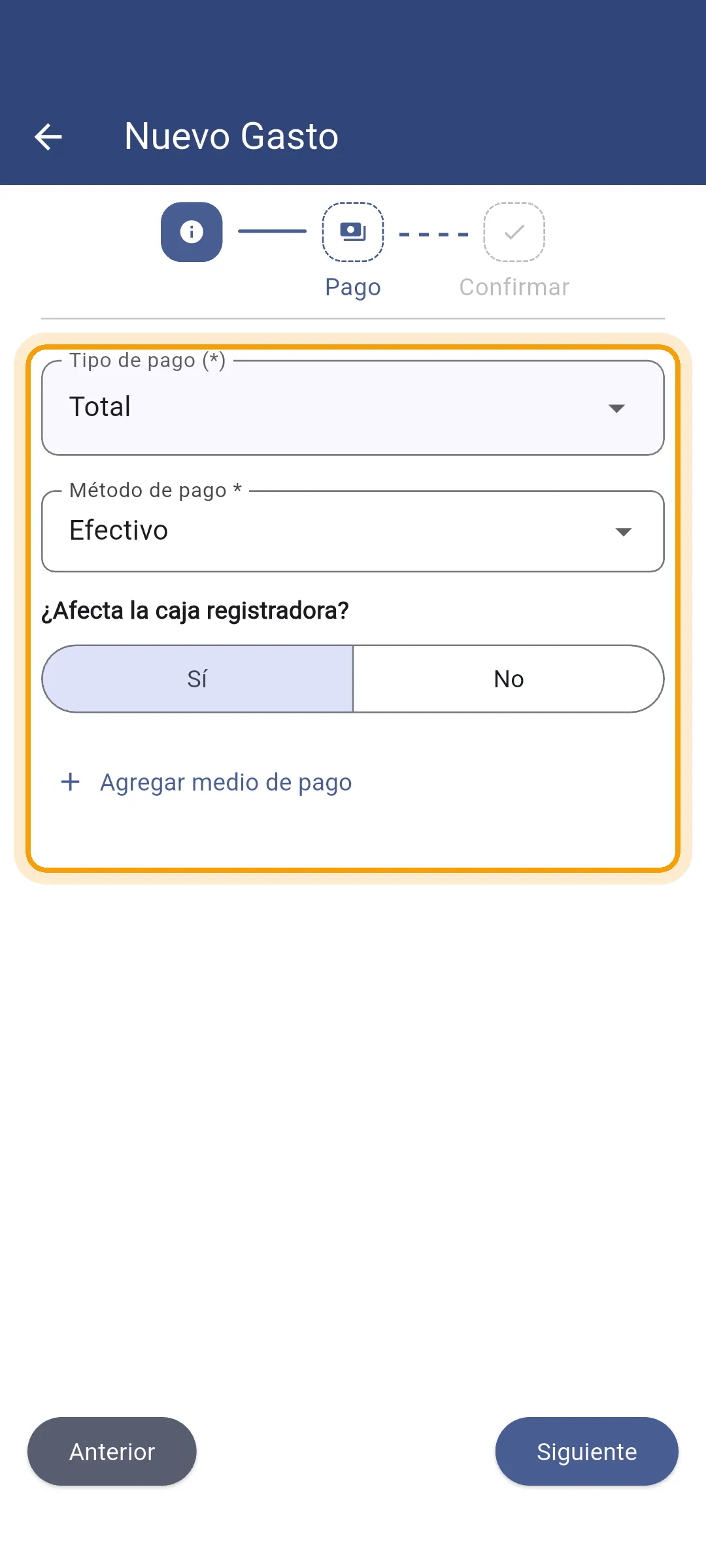 Paso de pago del gasto en la app