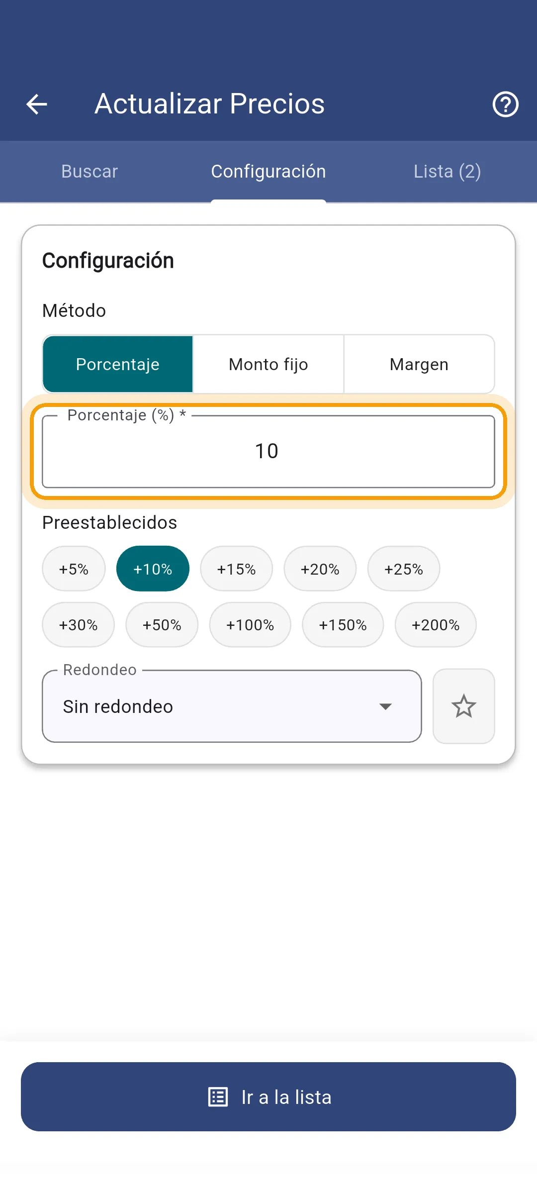 Porcentaje del 10 cargado en la app
