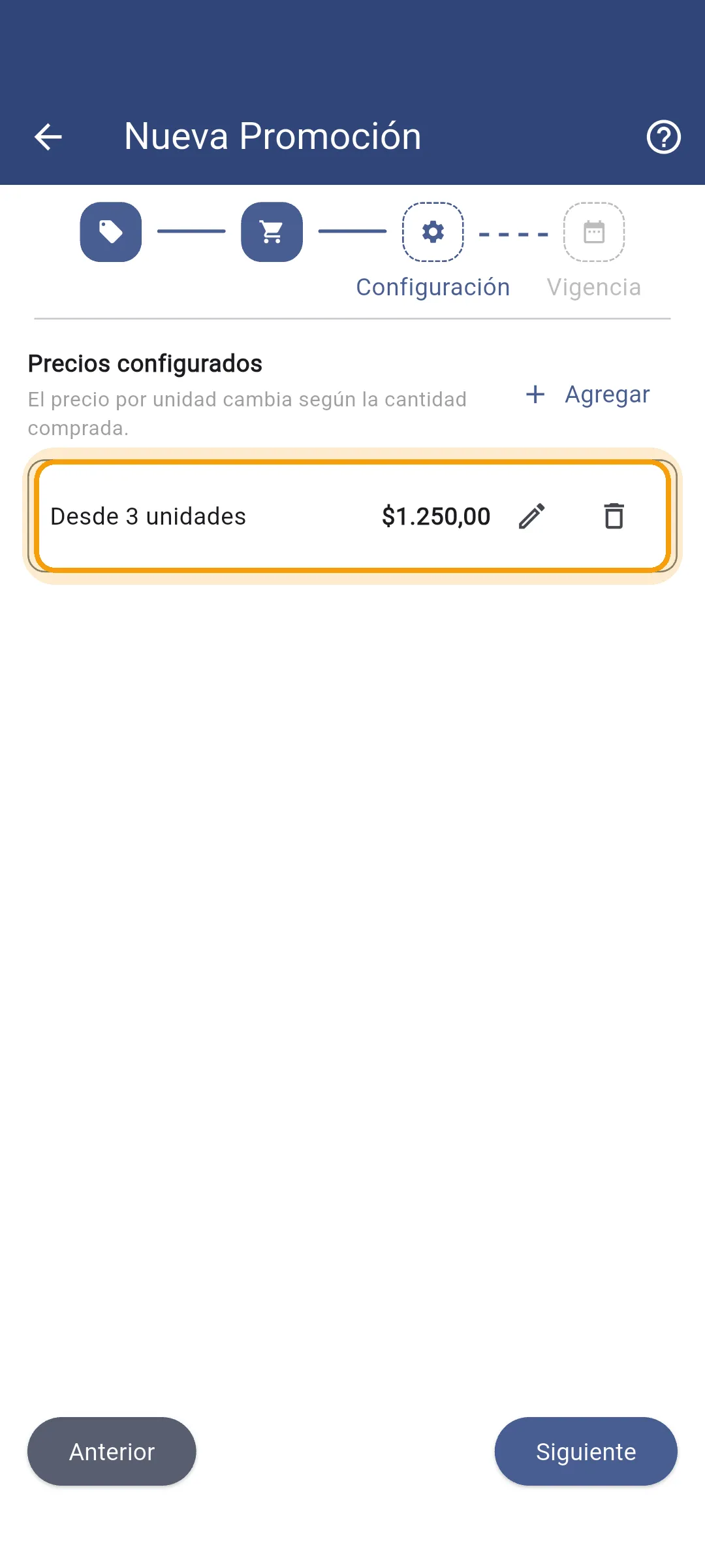 Precio por cantidad configurado