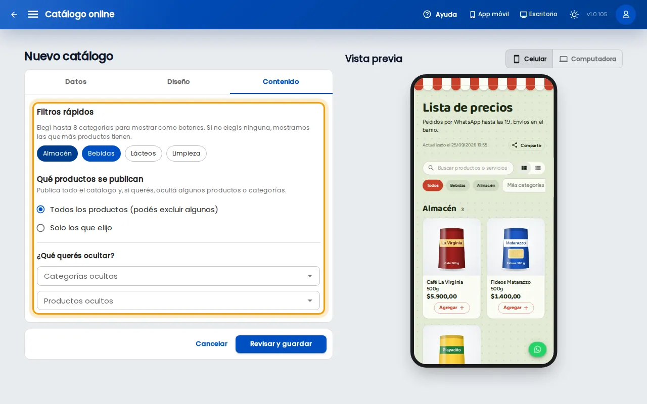 Pestaña Contenido con Filtros rápidos y Qué productos se publican