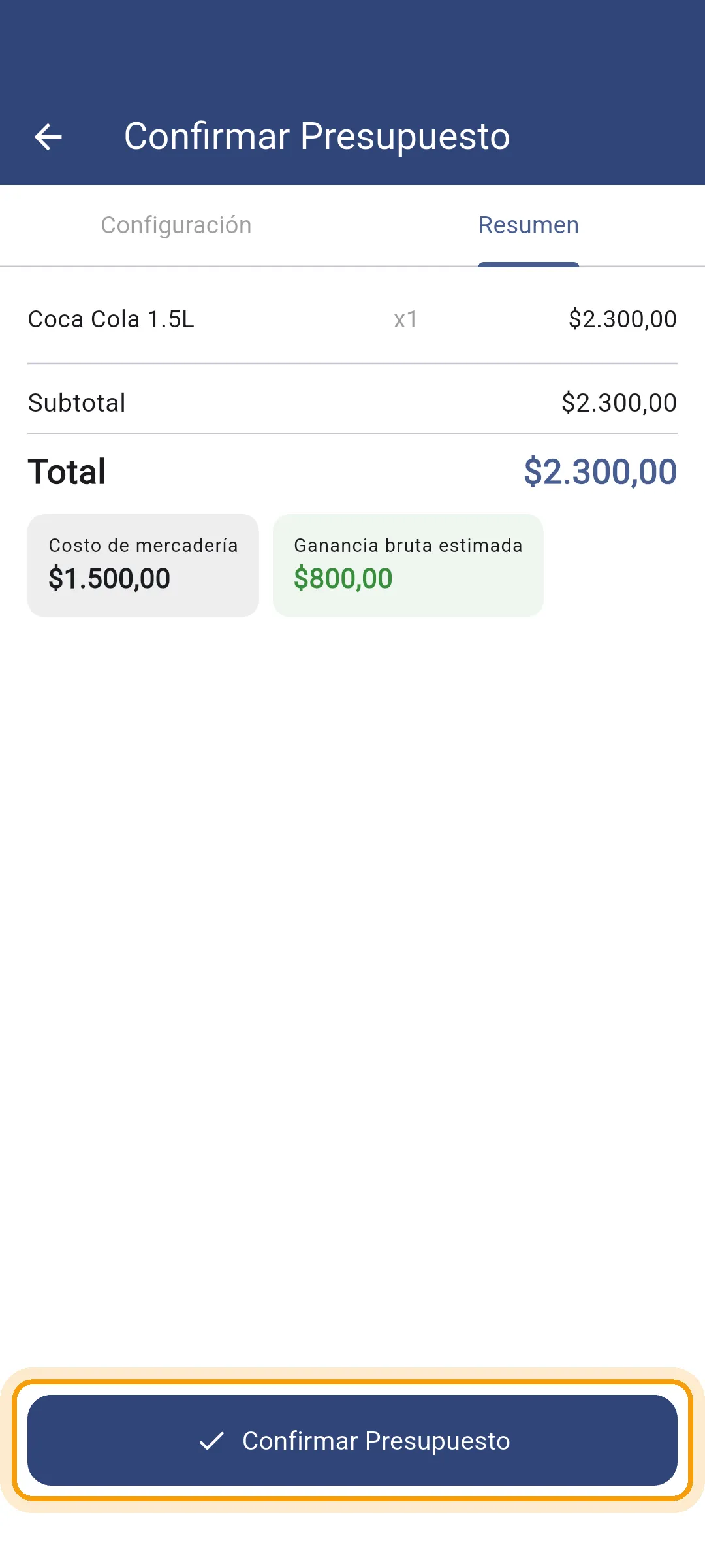 Resumen del presupuesto en la app