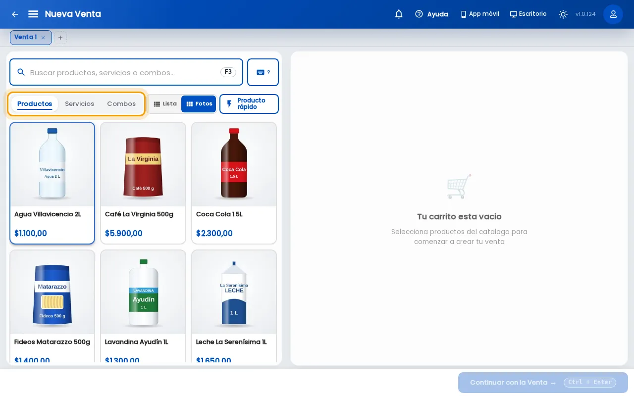 Solapas Productos, Servicios y Combos en la venta
