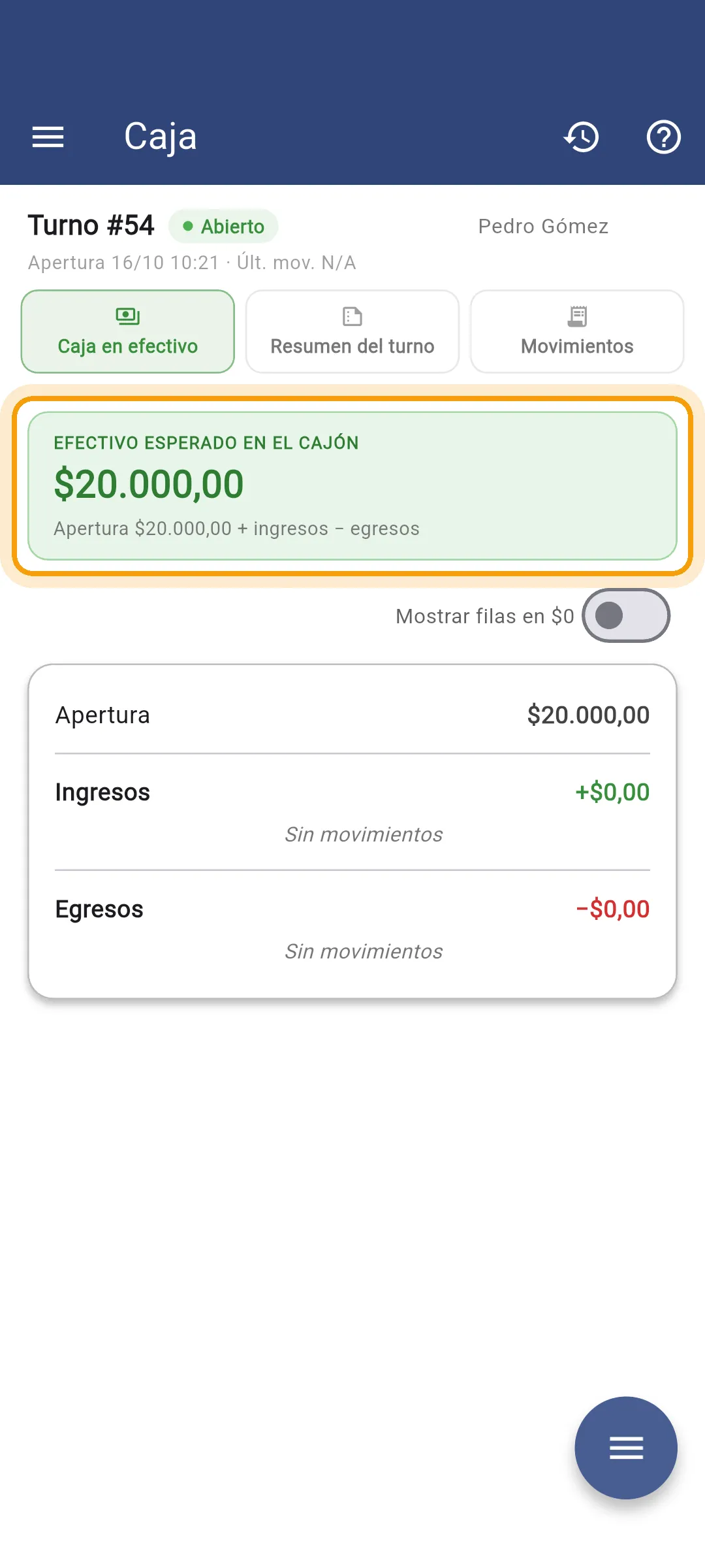 Turno abierto en la app