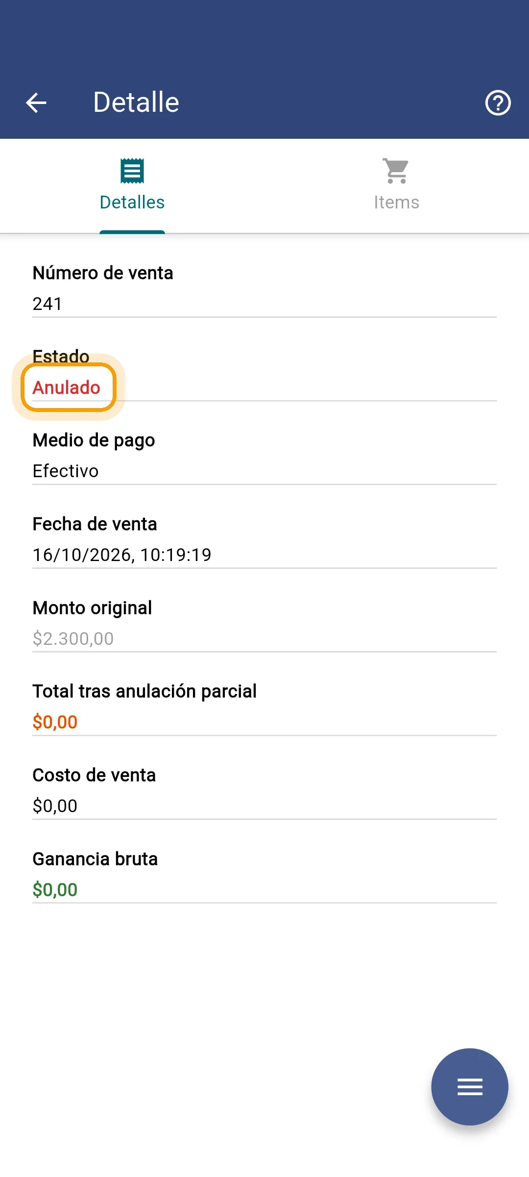Venta anulada en la app