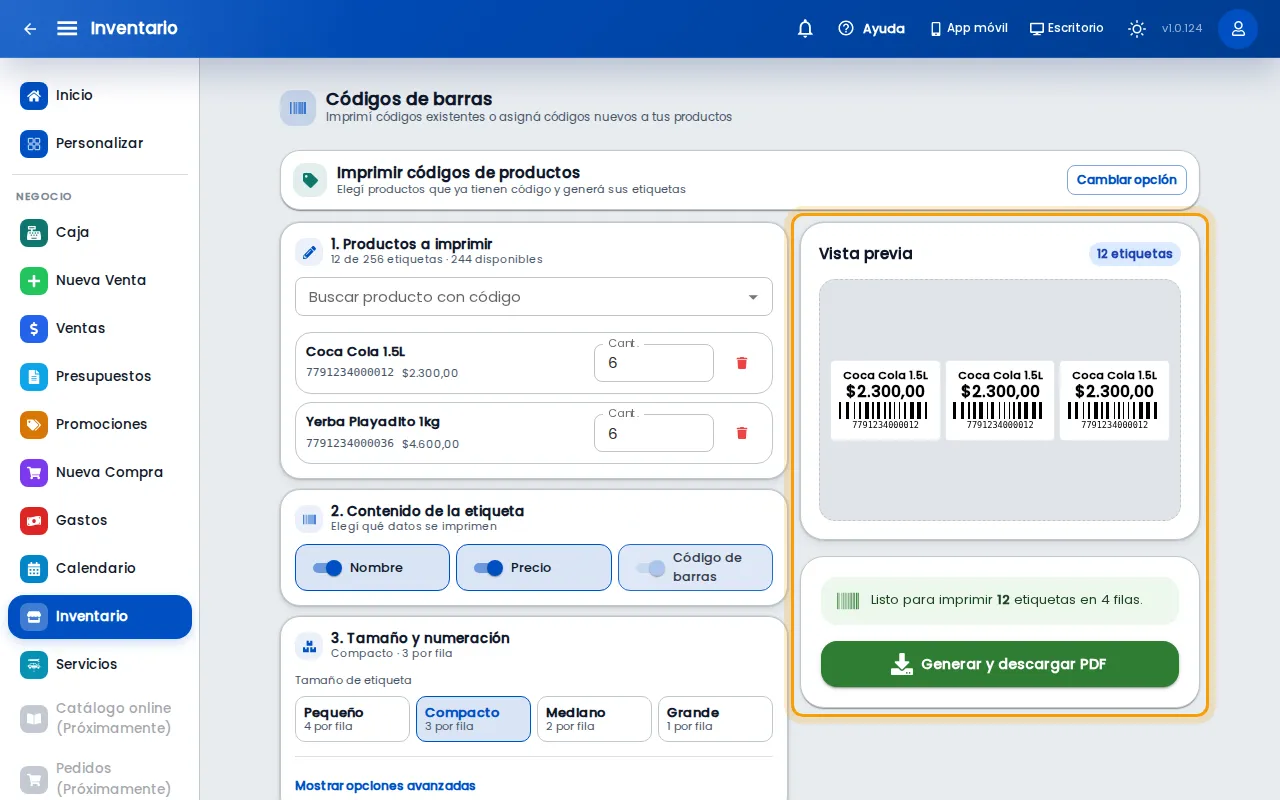 Vista previa de las etiquetas y botón Generar y descargar PDF