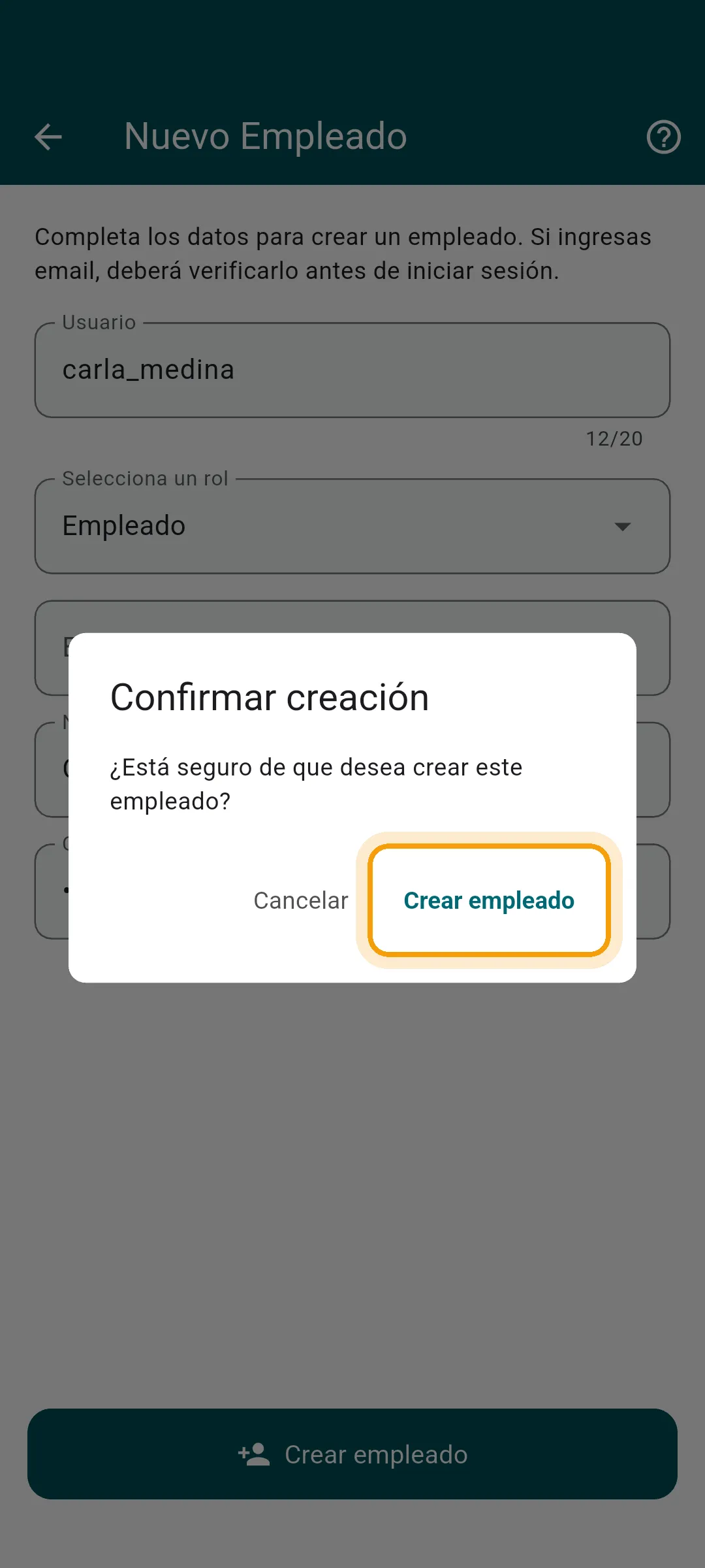 Aviso para confirmar la creación del empleado