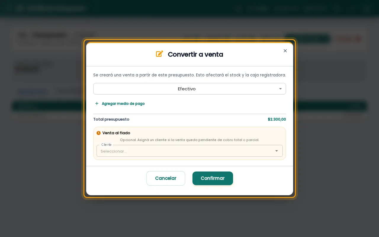 Ventana para convertir el presupuesto en venta