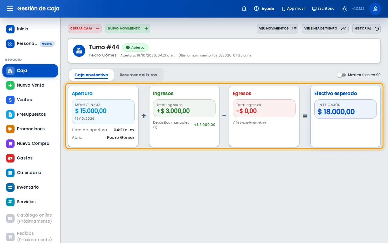 Efectivo esperado actualizado después de agregar el movimiento en la web