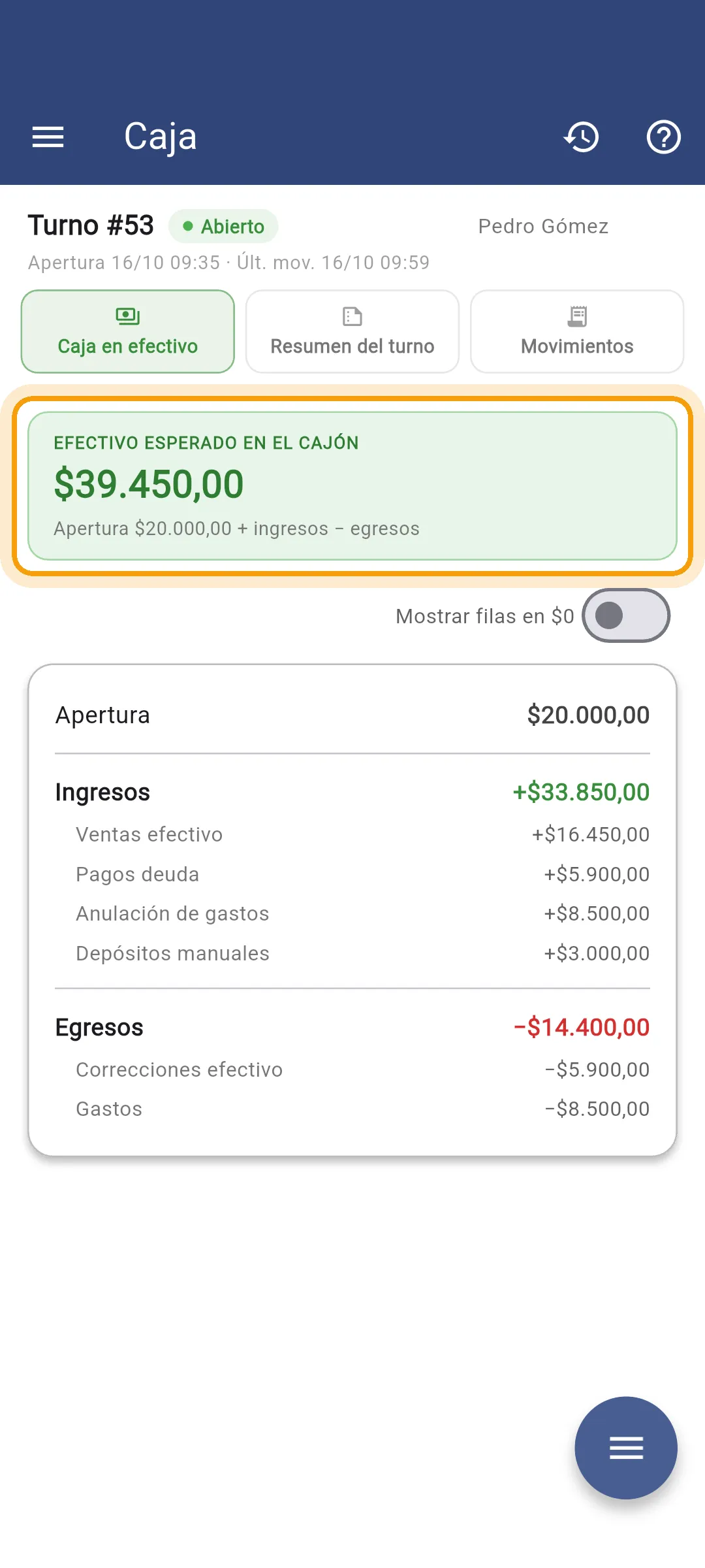 Efectivo esperado actualizado después de agregar el movimiento en el celular