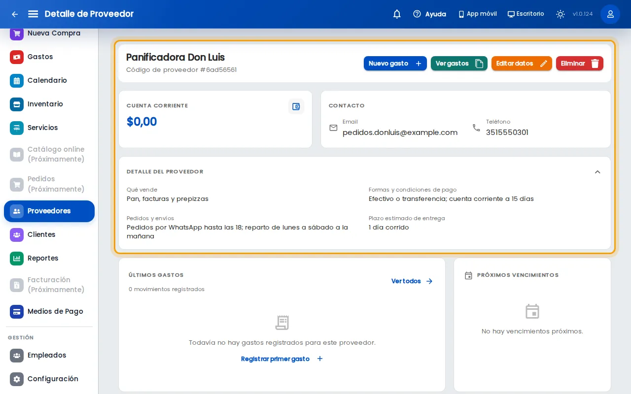 Ficha del proveedor con su cuenta corriente y sus datos