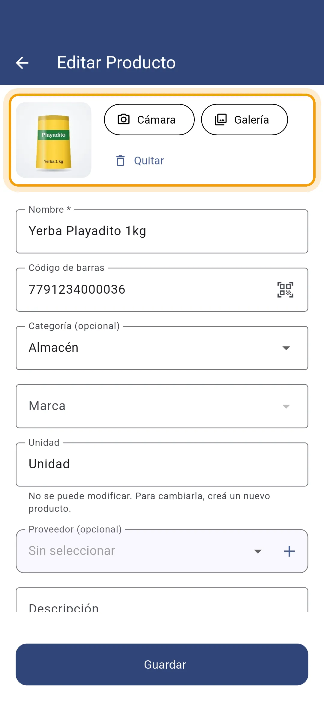Foto cargada con los botones Cámara, Galería y Quitar